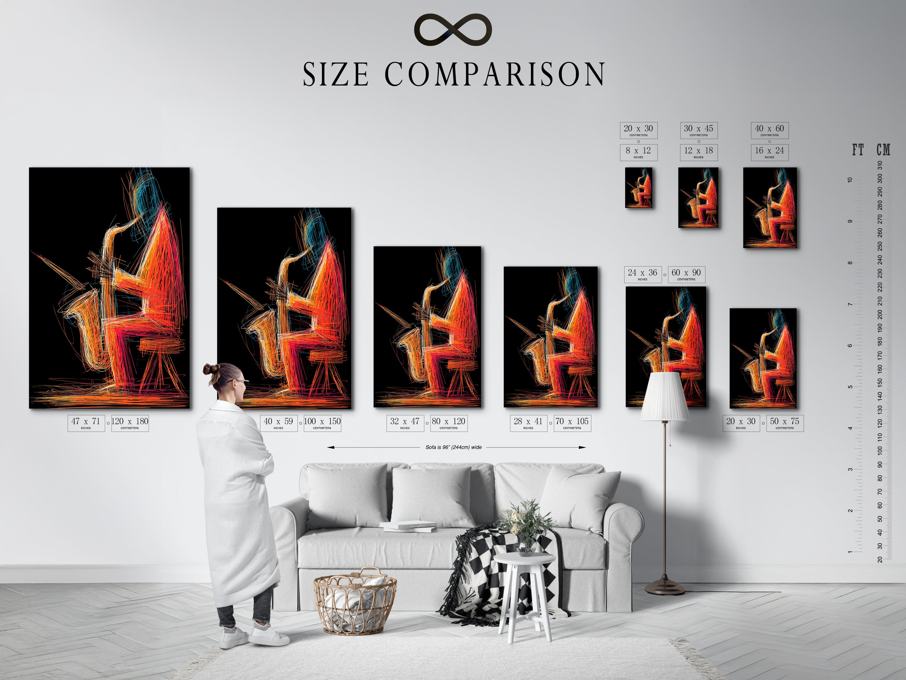 A size comparison chart shows the Jazz Saxophone Art Print in an interior setting. Visualize the perfect size for your space. Available in various sizes to fit any room. Enhance your decor with this modern jazz artwork.