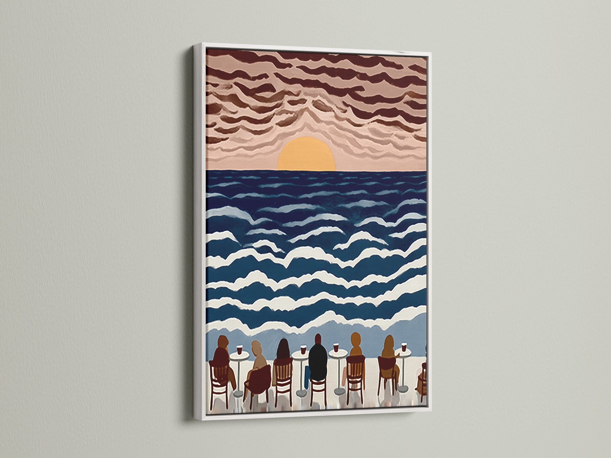 Elevate your space with our seaside cafe canvas artwork in a white frame. This piece features a sunset ocean view. Perfect coastal artwork for a dining area. Enjoy the calming sea view print.