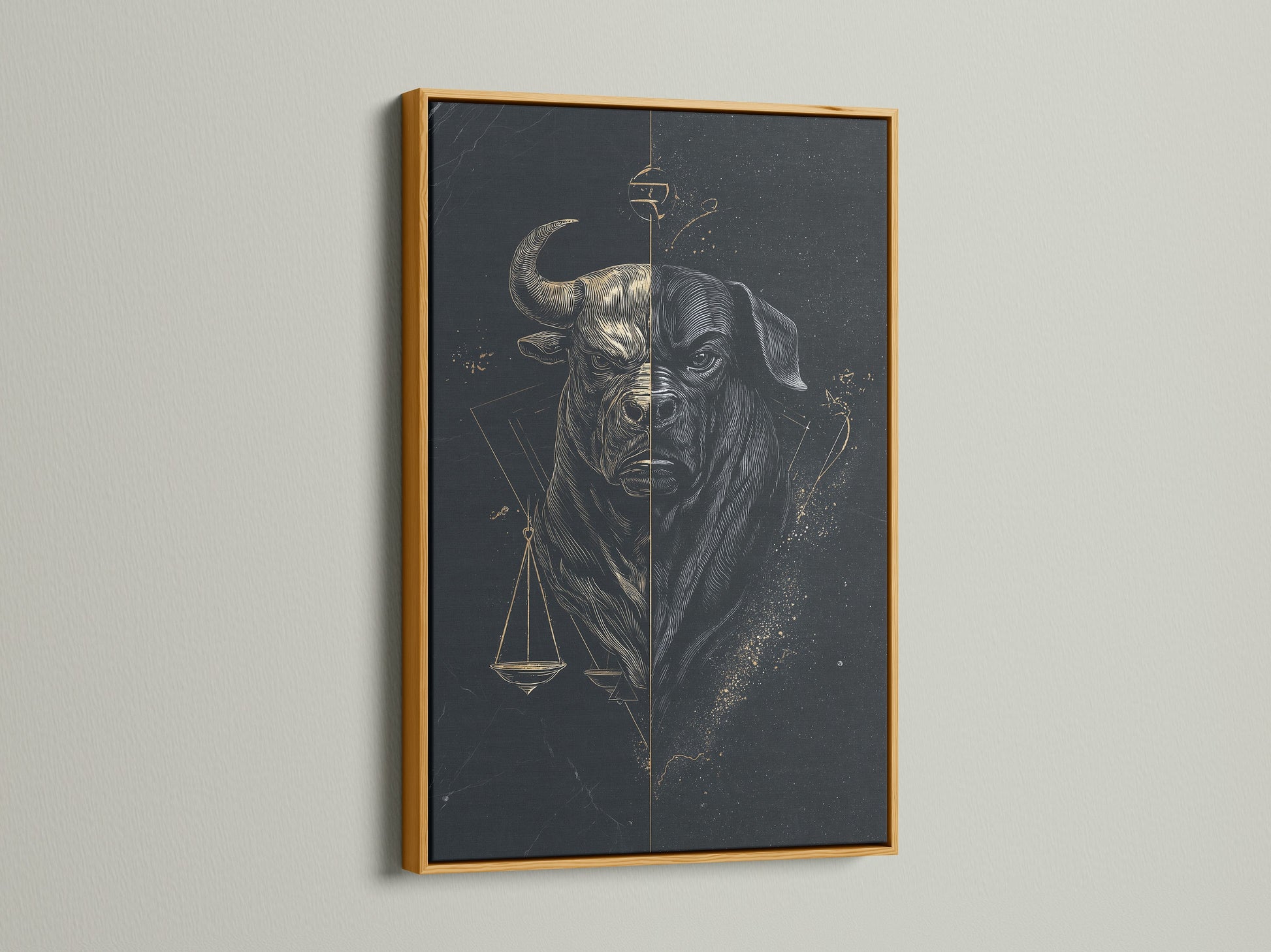 Add a touch of elegance to your space with the Bull Justice art print. This scales of justice canvas print is shown in a luxurious gold frame. Perfect for elevating your legal office or home decor. Shop now and add shine.