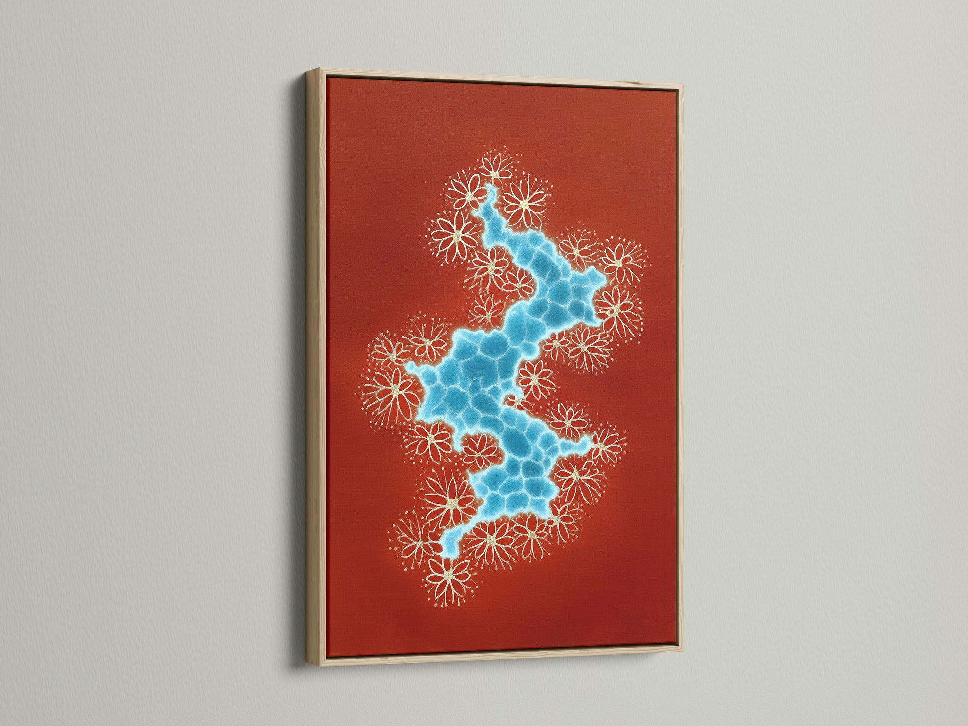 Abstract River artwork with a terracotta and blue color palette. The artwork is displayed in an oak frame. This modern botanical artwork adds a touch of nature and sophistication to any space. Ideal for bedroom wall decor.