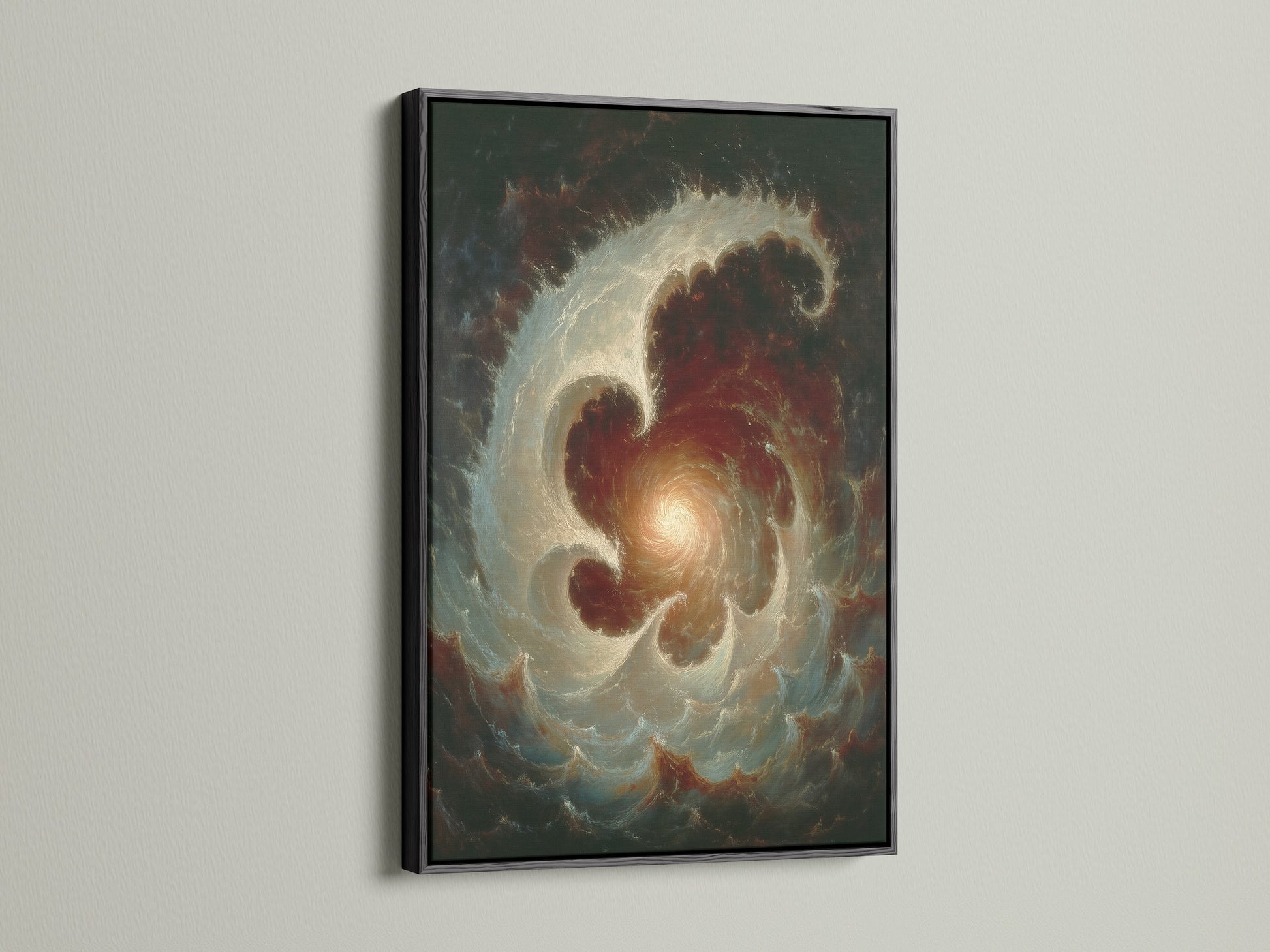Celestial Vortex abstract galaxy wall art is displayed in a black frame. The moody tones are ideal for study room decor. This abstract canvas is great as library wall art. It is a unique piece of cosmic artwork.