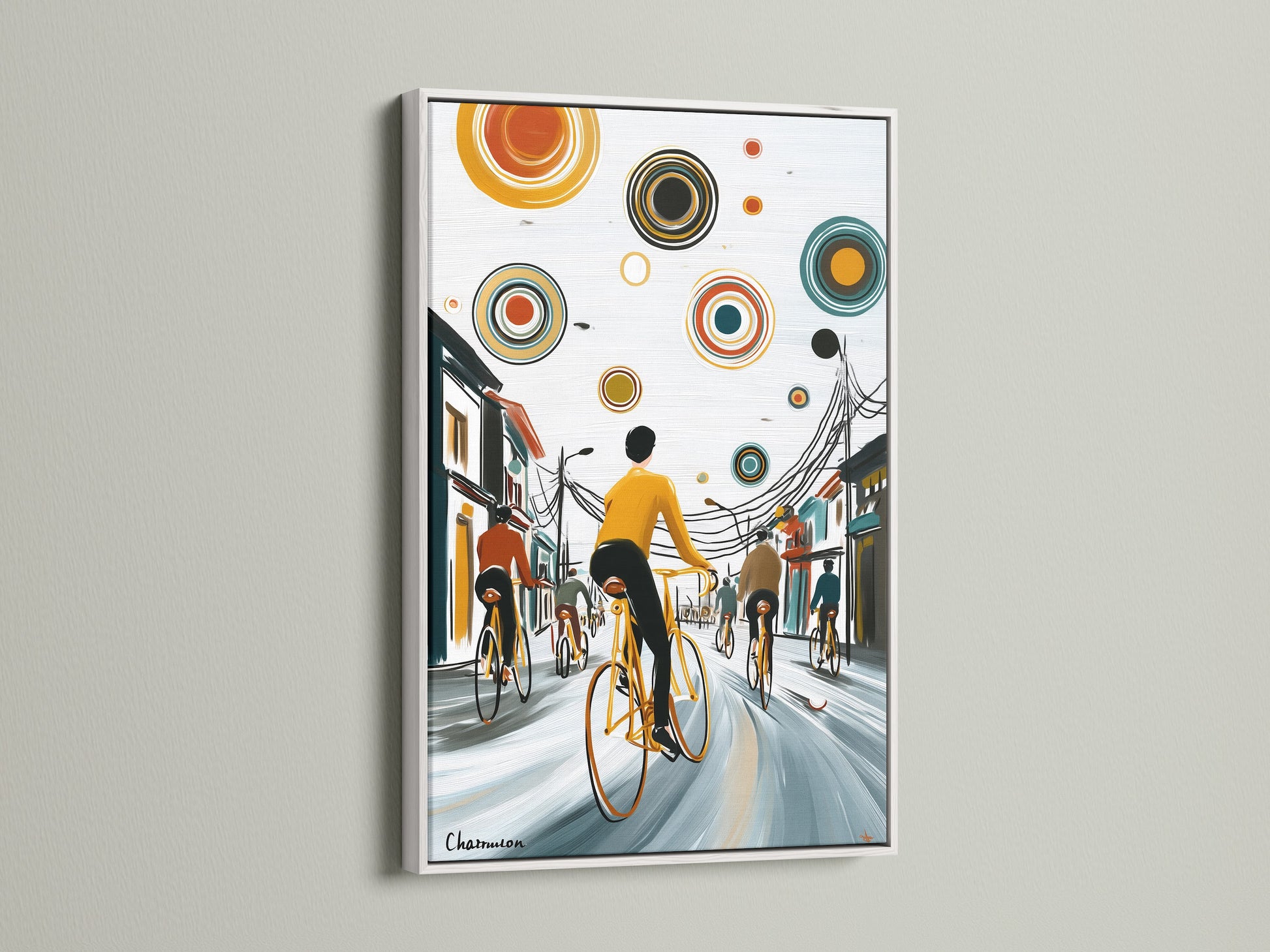 City Cyclists artwork is presented in a clean white frame. The urban canvas art showcases cyclists on a city street. This mid-century modern piece adds a touch of sophistication. Ideal for office wall art.