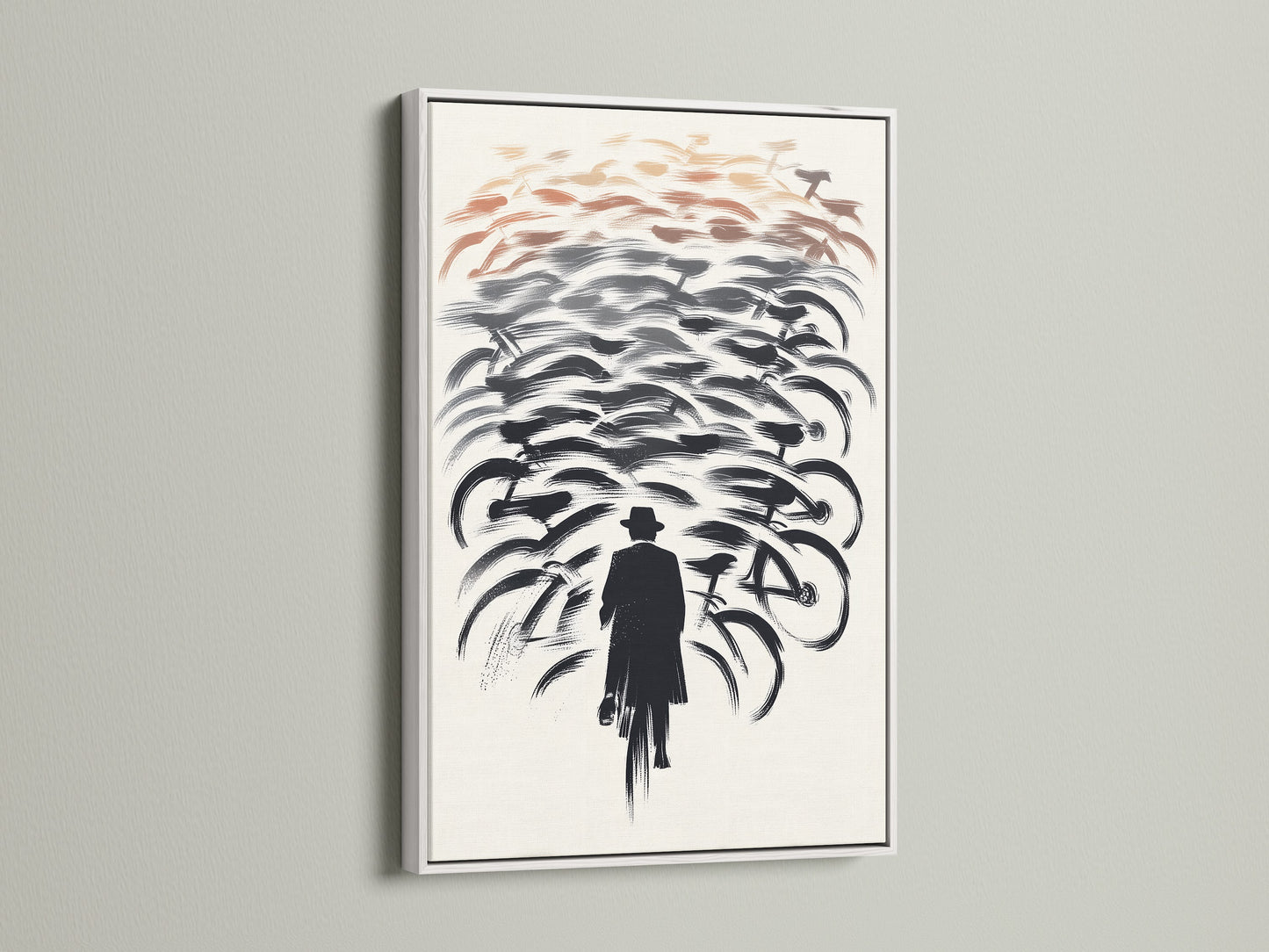 This bicycle canvas print is framed in white. Featuring a man and bikes wall art. The abstract cycling poster brings a fresh look to your office wall decor. Shop now for cyclist artwork and modern art prints for your home.