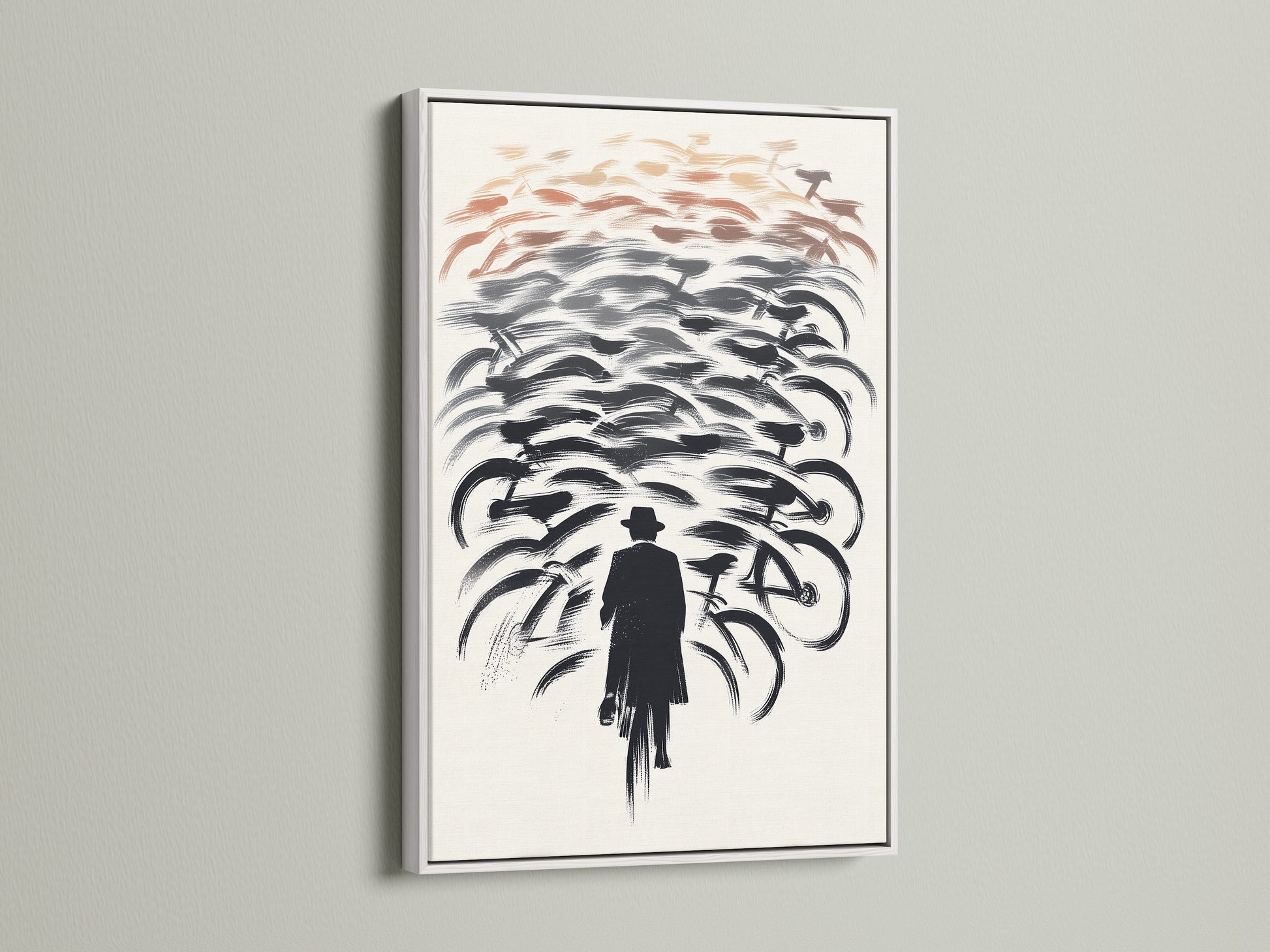 This bicycle canvas print is framed in white. Featuring a man and bikes wall art. The abstract cycling poster brings a fresh look to your office wall decor. Shop now for cyclist artwork and modern art prints for your home.
