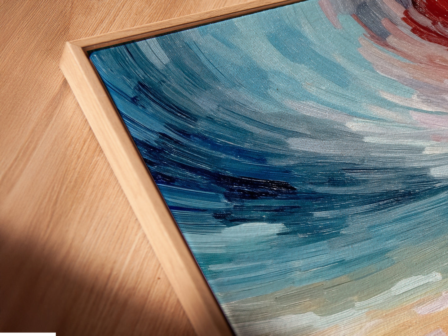 A close-up shows the canvas print in a floating frame. The airplane flight artwork appears to float. This modern art print enhances any space. The abstract sky wall art provides a unique touch. Perfect for modern wall decor and an ideal aviation gift.