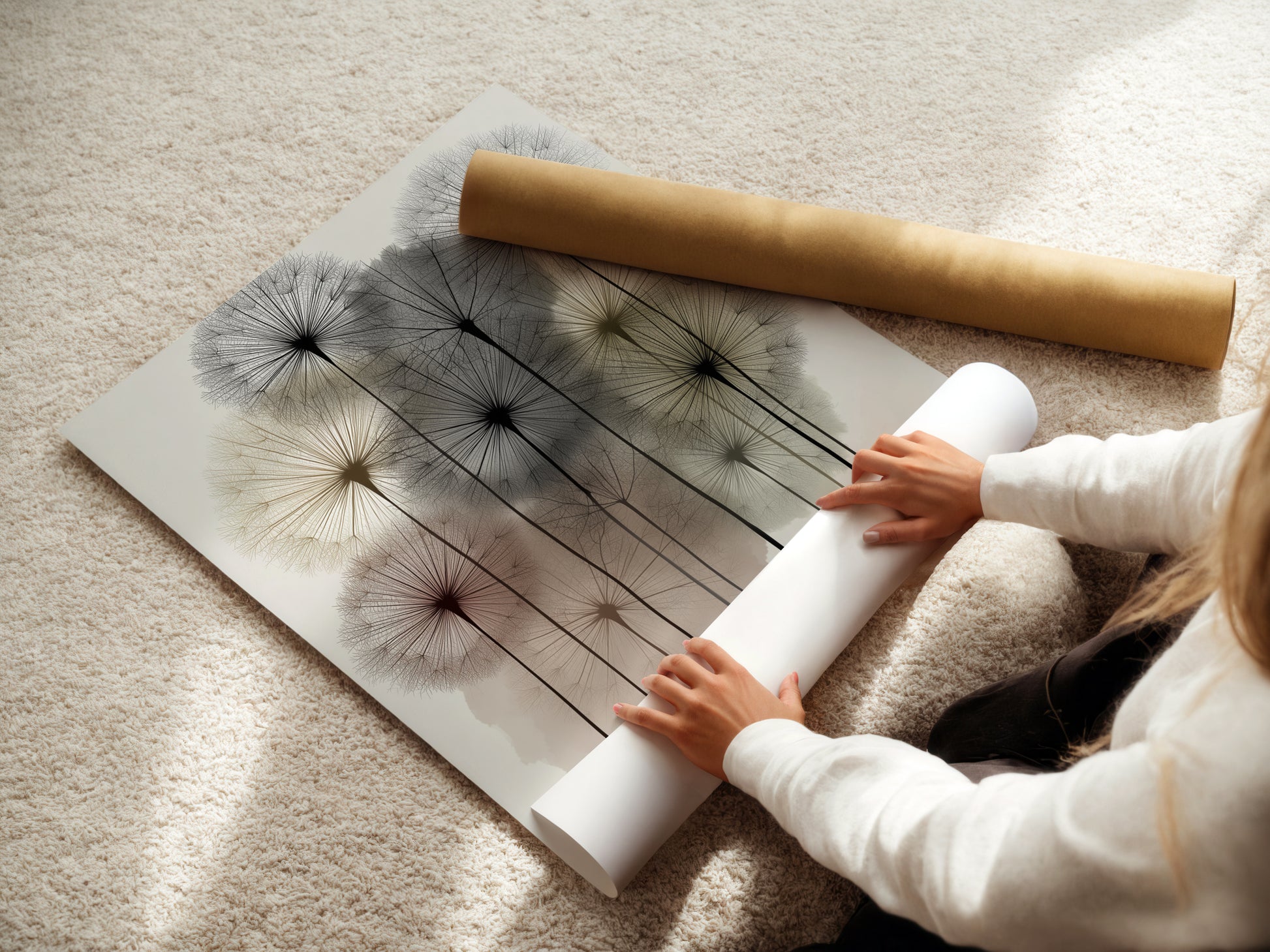 A woman is carefully rolling a fine art poster paper. This ensures your dandelion art arrives in perfect condition. High-quality botanical prints for your home. Perfect for creating modern floral decor. Get your neutral wall art delivered safely.