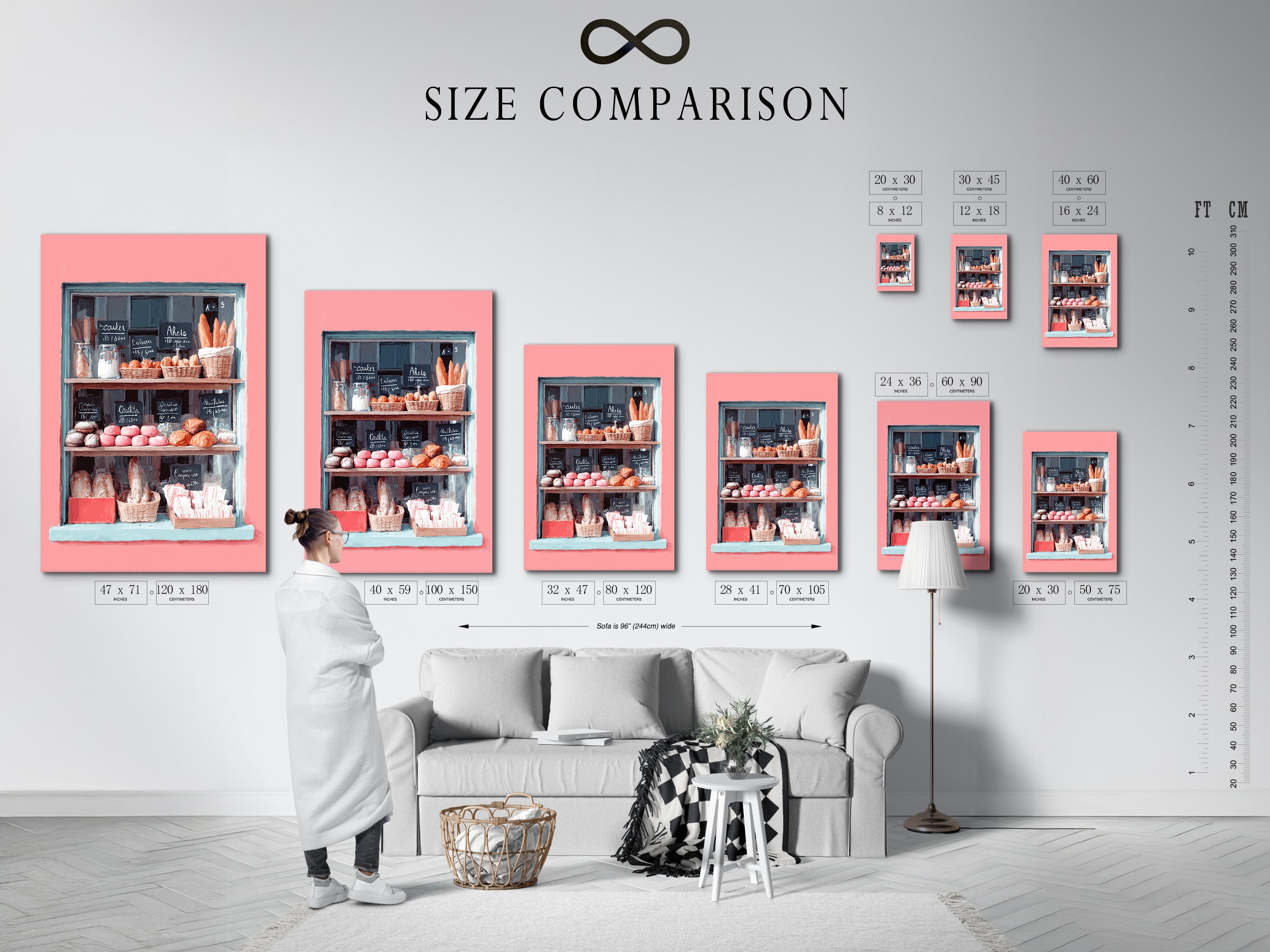 Here is a size comparison chart in an interior setting. The chart helps visualize the art in different sizes. This artwork allows customers to choose the perfect fit. The size comparison ensures satisfaction. It creates confidence in the purchase. The chart is useful for interior planning. It helps customers design their spaces.
