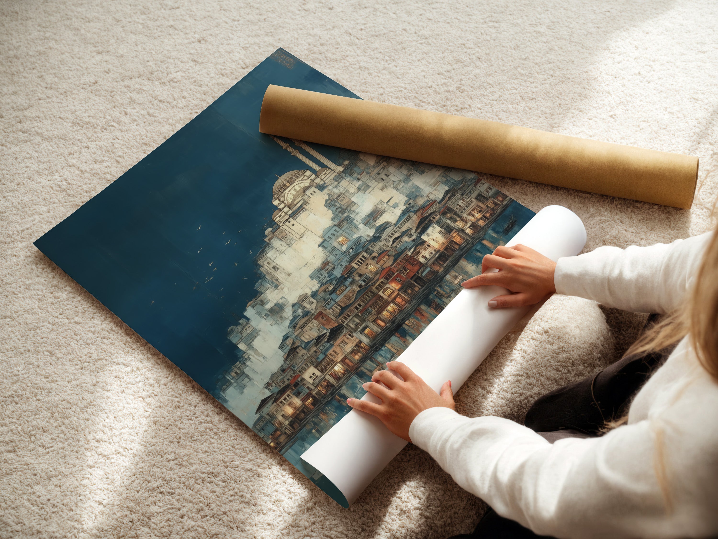 A woman carefully rolling a fine art poster paper of the Istanbul Cityscape. The fine art poster paper ensures high-quality print. Ready to frame and display in your living room. This vintage cityscape adds a touch of culture to your space.