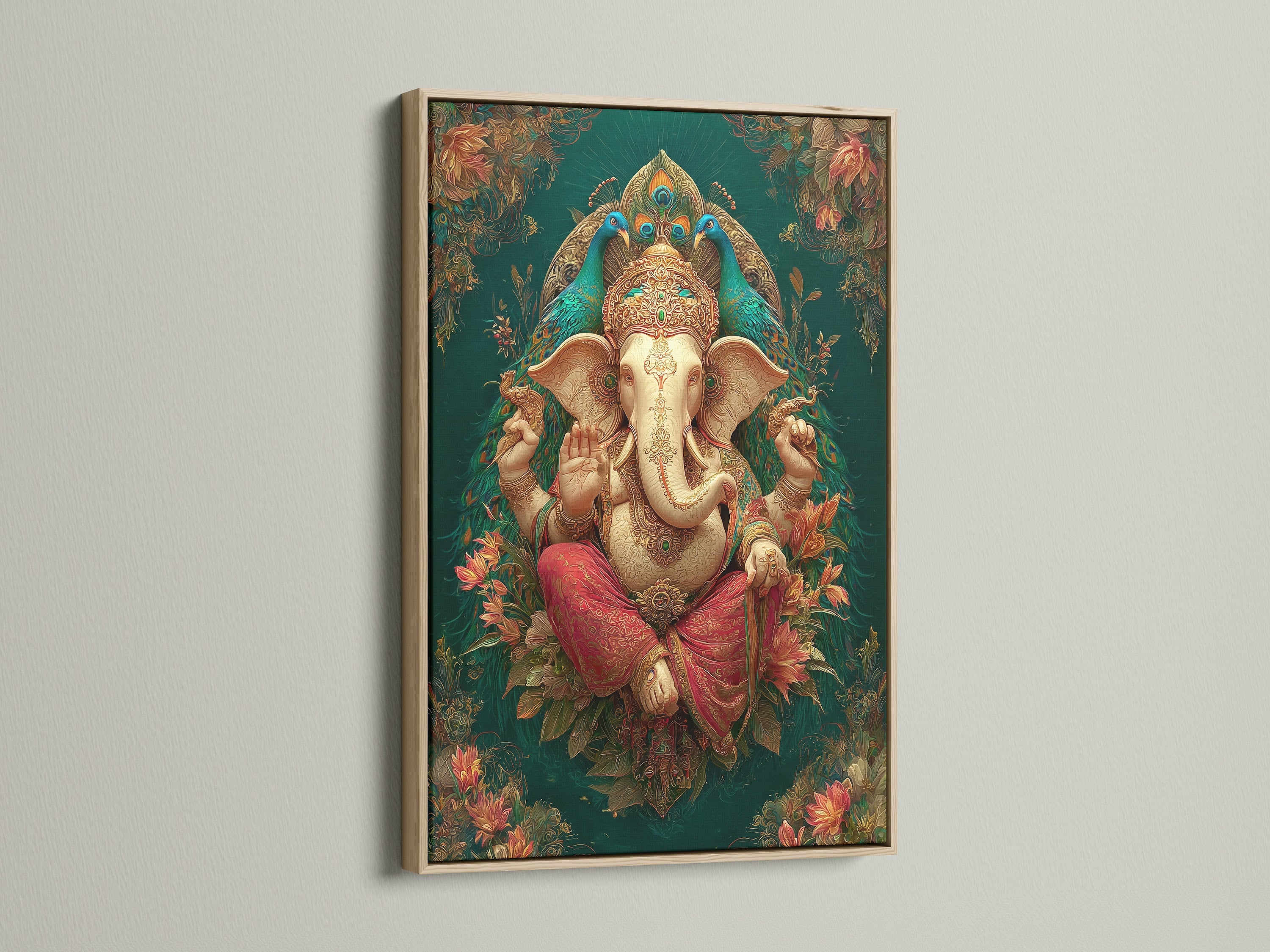 Ganesha Wall Art displayed in an oak frame. The artwork is a Hindu canvas print. The spiritual elephant god art adds peace to any room. Teal and gold colors enhance meditation room decor. A perfect piece for Indian art prints.