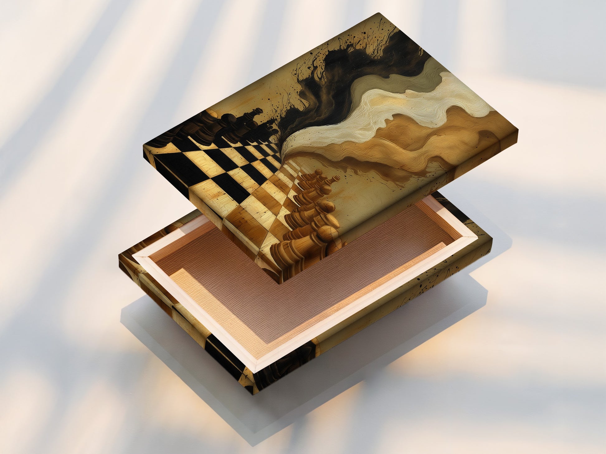 This is a stretched canvas print of the chess game artwork. The canvas is stretched tightly for a gallery-worthy look. Ready to hang this canvas print brings abstract art to your walls. Perfect for modern interiors.