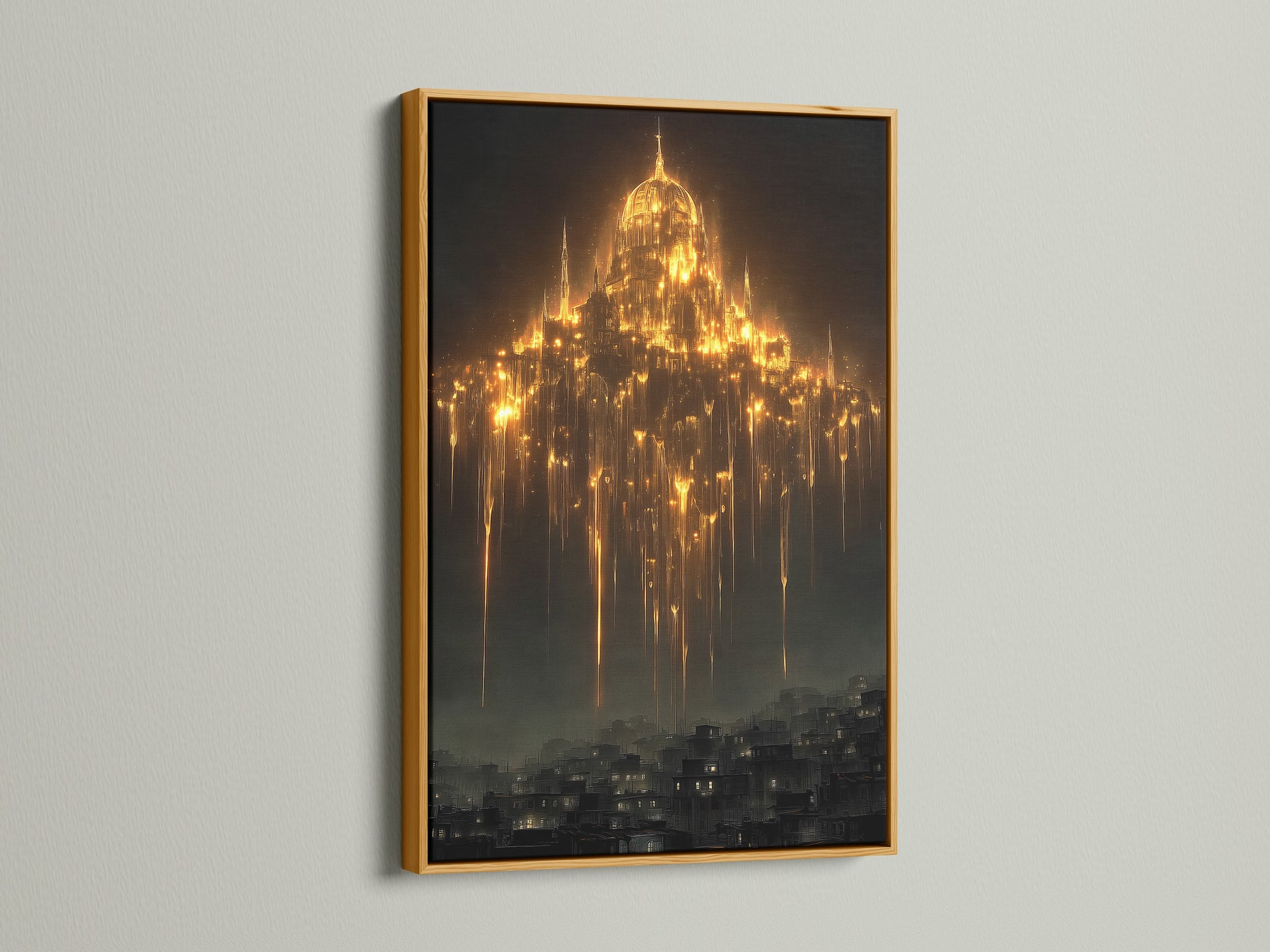 This gothic cathedral art print is framed in gold. It's an amazing piece of mystical wall art and dark academia decor. The fantasy architecture art features golden light. This cathedral print enhances any space with gothic wall decor. It is Ideal for study room decor.