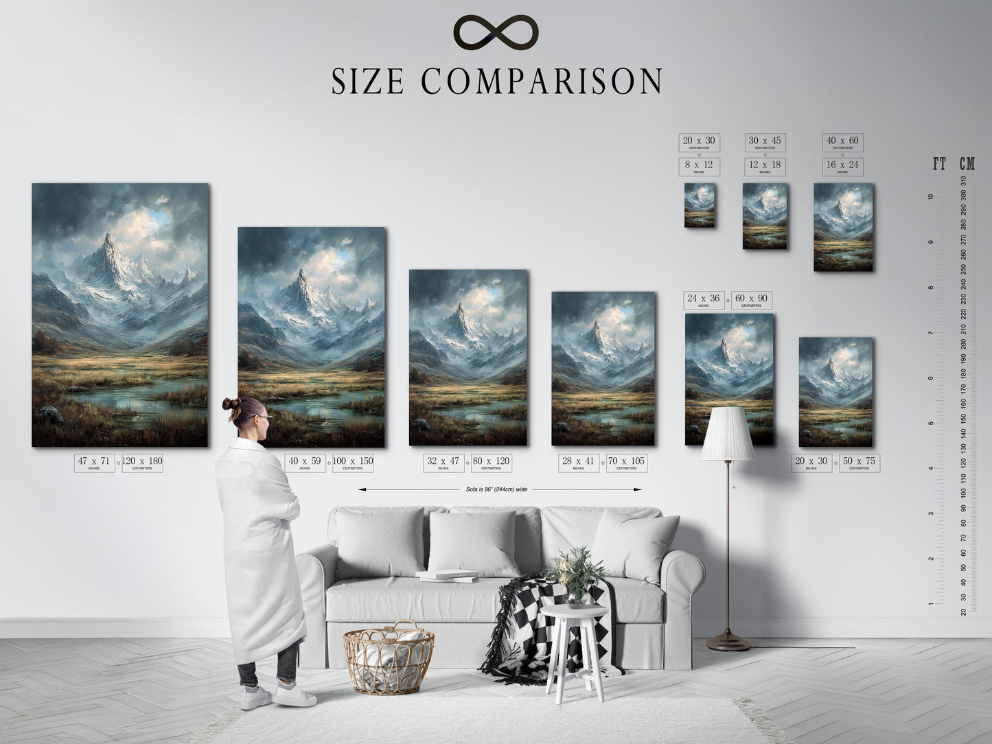 A size comparison chart is displayed in an interior setting. This chart helps visualize artwork sizes. The size chart is useful for planning your decor. It is designed to help you choose the right dimensions. This ensures the perfect fit for your space. It offers a clear visual aid.