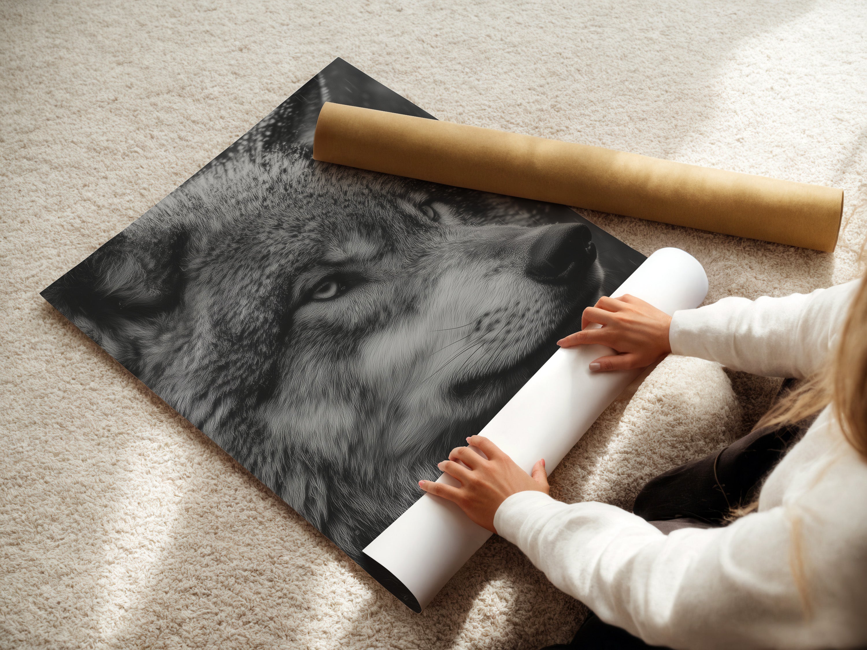 A woman is carefully rolling a fine art poster paper of the wolf portrait. Ensuring top-notch quality for your wildlife art. Get ready to display this stunning animal artwork. Perfect for nature lovers and art enthusiasts.