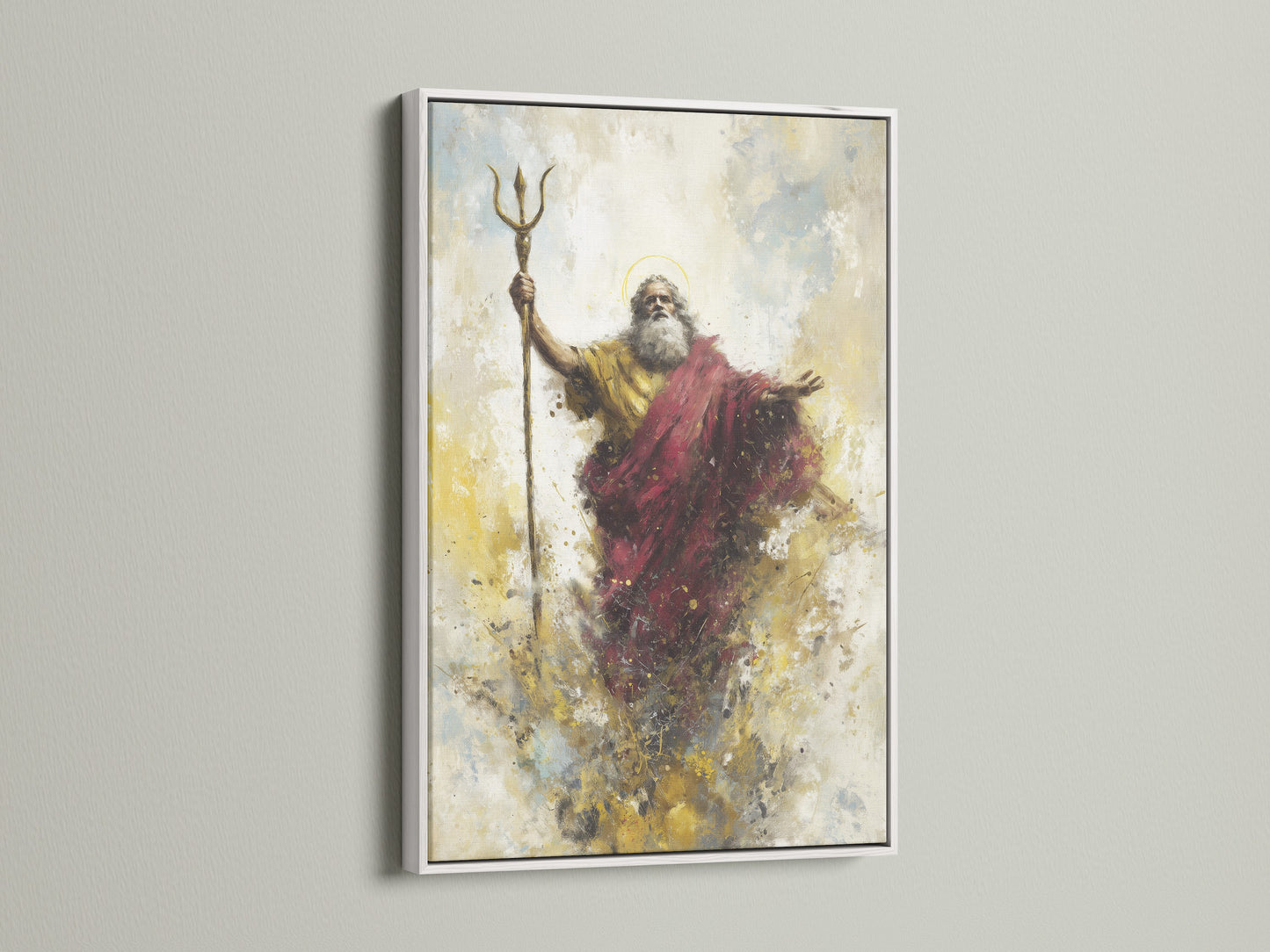 Artwork is displayed in a white frame. A clean white frame provides a modern look. The artwork stands out against the neutral background. A white frame is a versatile choice for any art.