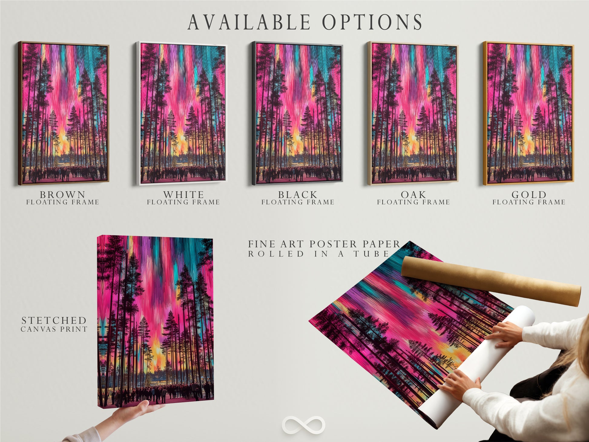 Available options for the Aurora Borealis artwork. Choose from a stretched canvas print fine art poster paper or a floating frame. Enhance your home decor with this colorful forest nature print. Perfect for any Scandinavian style.
