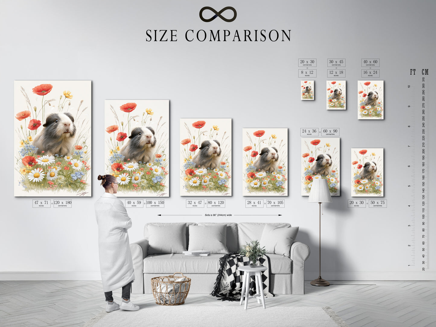 An interior scene featuring a size comparison chart. The chart helps visualize how different art sizes would look in a room. This tool aids in making informed decisions. It ensures the perfect fit for any space. It is great for planning your home decor.