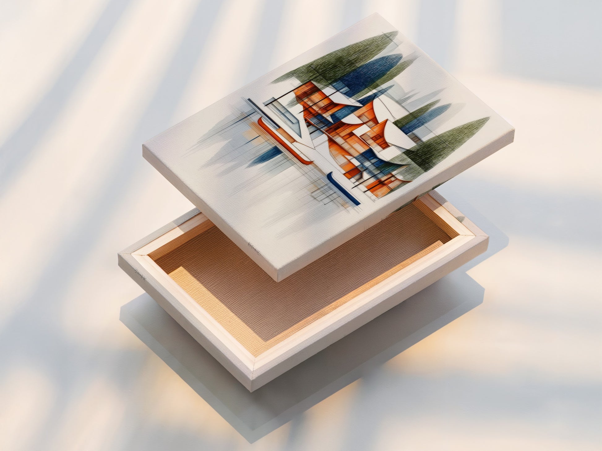 This is a stretched canvas print of the architectural lake house artwork. The canvas is stretched to perfection. It is ready to hang and enjoy. Add this mid-century modern art to your home or office for a stylish touch.