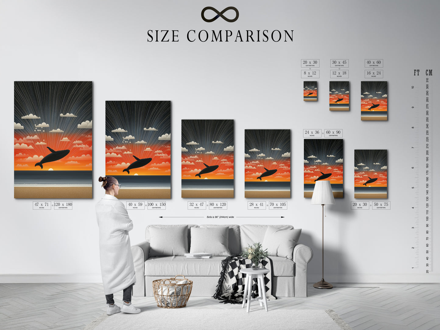 A size comparison chart displayed in an interior setting. This chart helps you visualize the artwork's dimensions. You can choose the perfect size for your space. It will ensure a seamless fit.