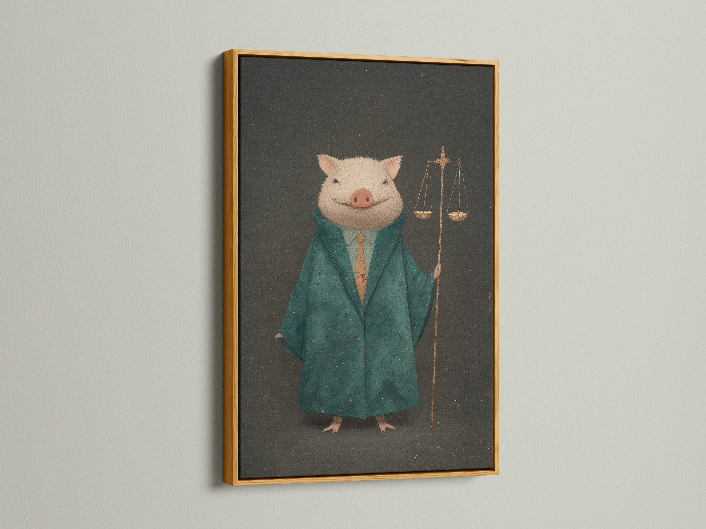 The Lawyer Pig art print is presented in a gold frame. This Legal Office Wall Art is perfect for law firm decor. This animal lawyer art adds a unique touch to your office. The scales of justice are featured. It is a humorous gift for attorneys. Victorian style with green and gold.