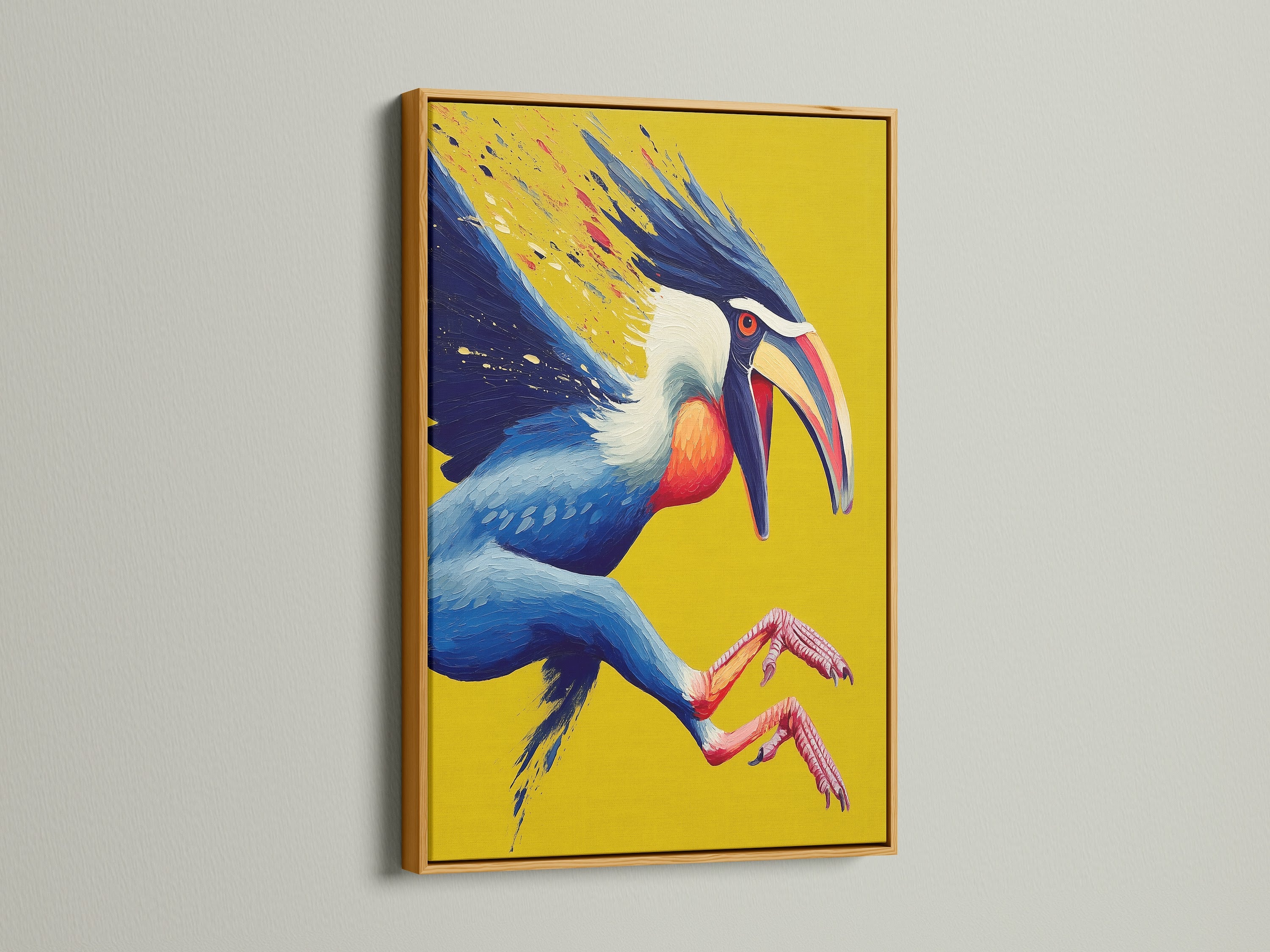 The Hornbill artwork is elegantly displayed in a gold frame. This bird print suits studios and lobbies. Elevate your space with this stunning piece of ornithology art. Perfect for enhancing living room wall art.