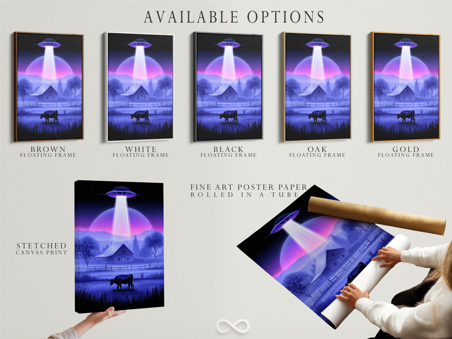Here is a display of available options. It shows the stretched canvas print. It also shows the fine art poster paper and floating frame options. The UFO Abduction artwork can be customized. Choose the perfect format for your sci-fi landscape art. This artwork is perfect for any space.