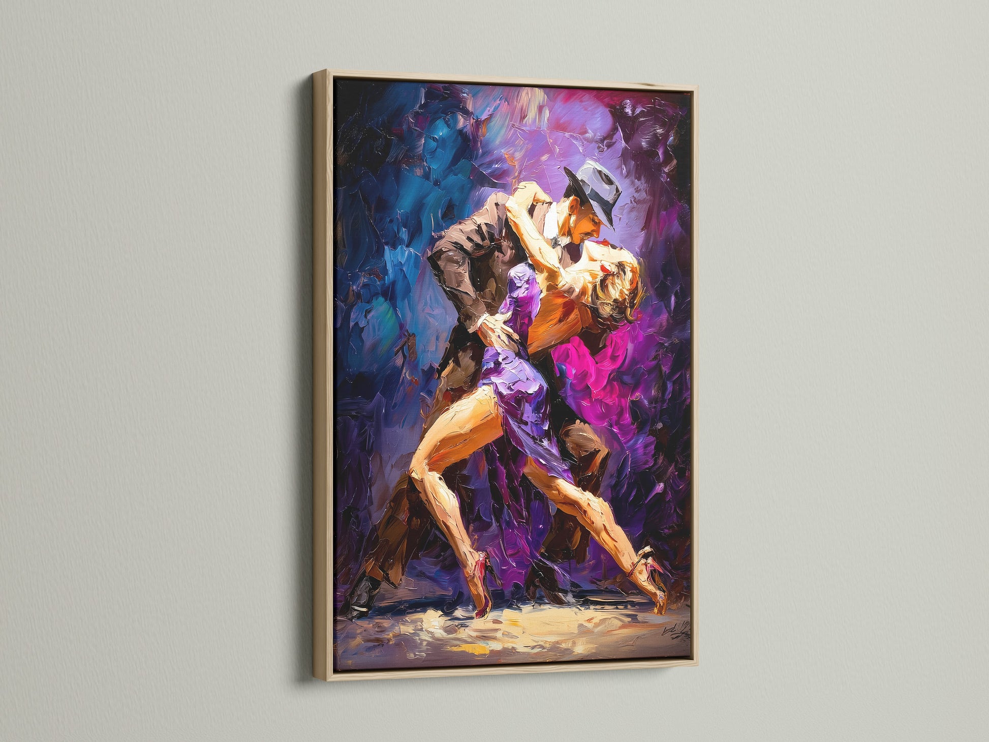 Framed artwork featuring a tango dance is displayed. The oak frame provides a natural touch. This frame enhances the artwork's beauty. Add warmth and sophistication with our oak framed artwork. Order yours today.
