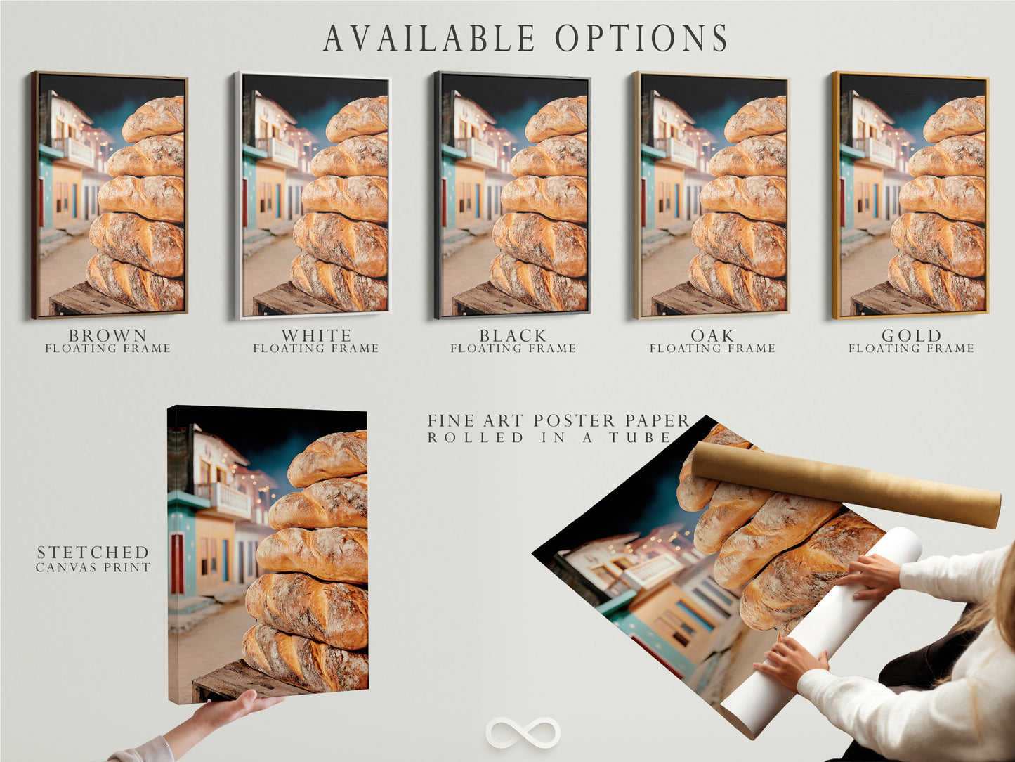 Available options for the bread artwork are displayed. Choose between a stretched canvas print fine art poster paper or floating frame. Customize your kitchen art and cafe decor. Perfect for any bread lover.