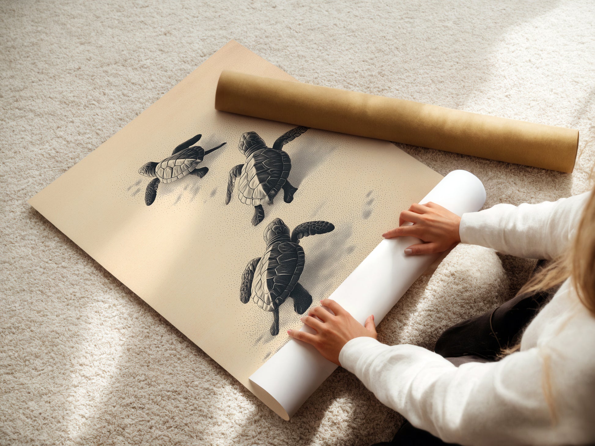 A woman is carefully rolling a fine art poster paper. The high-quality paper ensures a beautiful print. Perfect for creating stunning coastal wall art. Ideal for nurseries and beach houses.