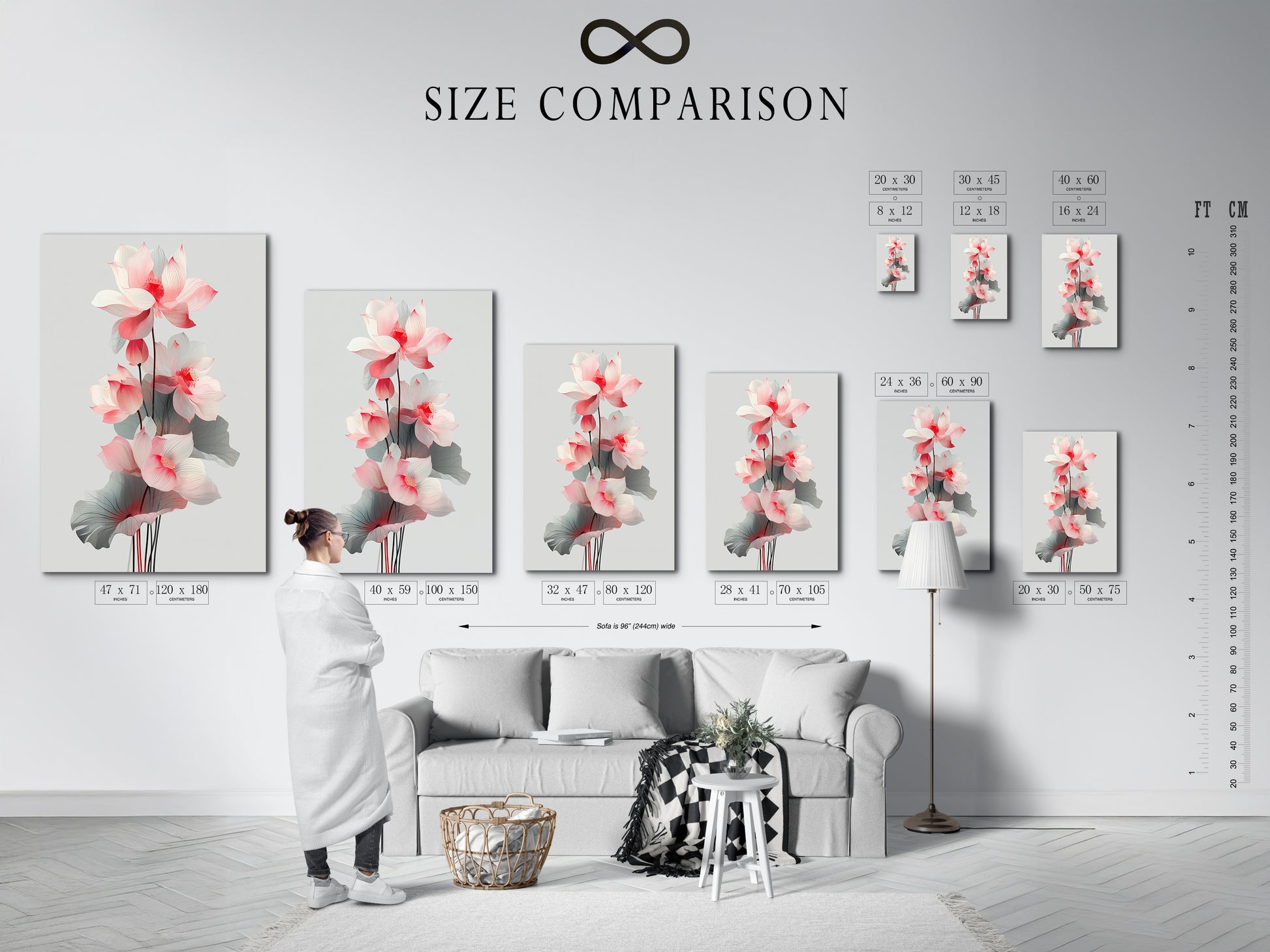 Size comparison chart displayed in an interior setting. The lotus flower artwork is shown in various sizes. Visualize the perfect fit for your space. Choose the ideal size for your wall decor needs.