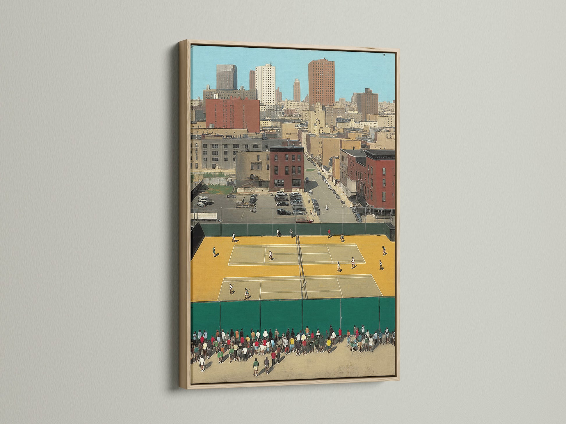 A close-up of the Urban Tennis Court vintage art. The oak frame enhances the artwork's vintage aesthetic. This city sports print is ideal for game room decor. The retro athletic art brings a minimalist touch. It's perfect for a sports bar.
