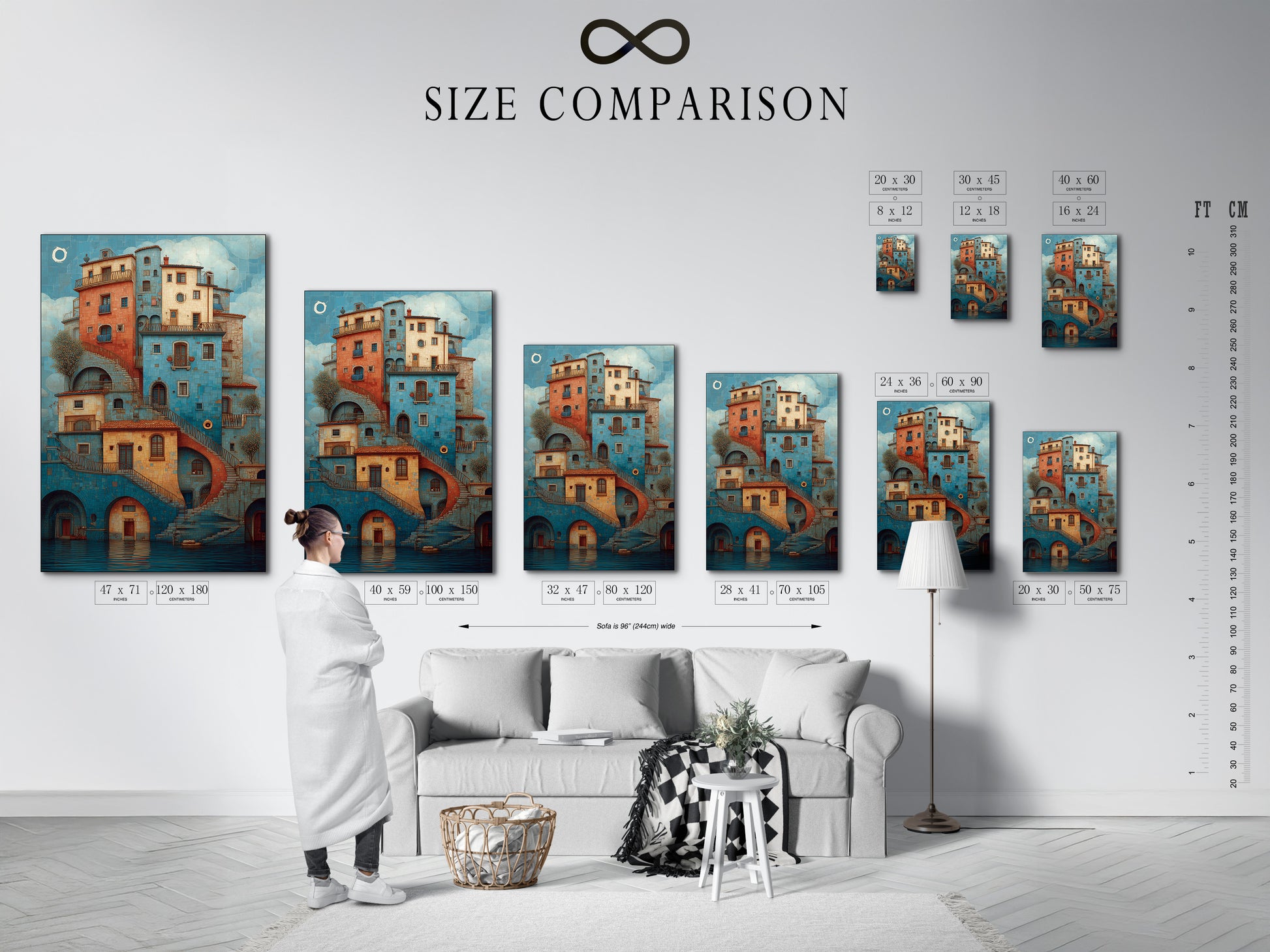Size comparison chart in an interior setting. Visualize how different sizes of artwork fit in your home. This chart helps you choose the perfect dimensions for your space. See the impact of various sizes on your wall. Ensure your artwork complements your interior decor.