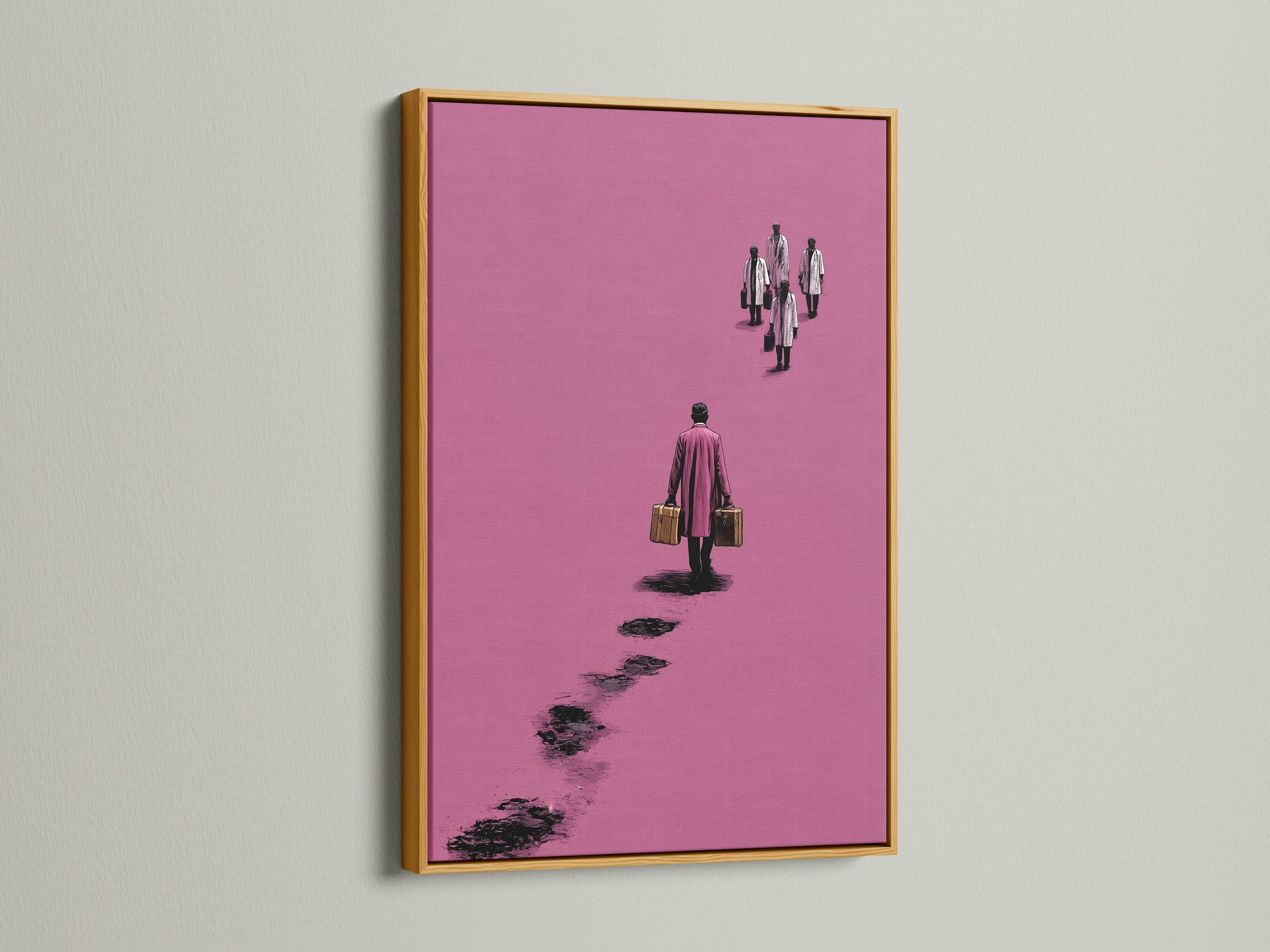 Surreal pink artwork in a gold frame. The art features a figure walking away with suitcases. This minimalist canvas print adds a contemporary touch to any office decor. It's a modern abstract poster. The artwork elevates clinic wall art.