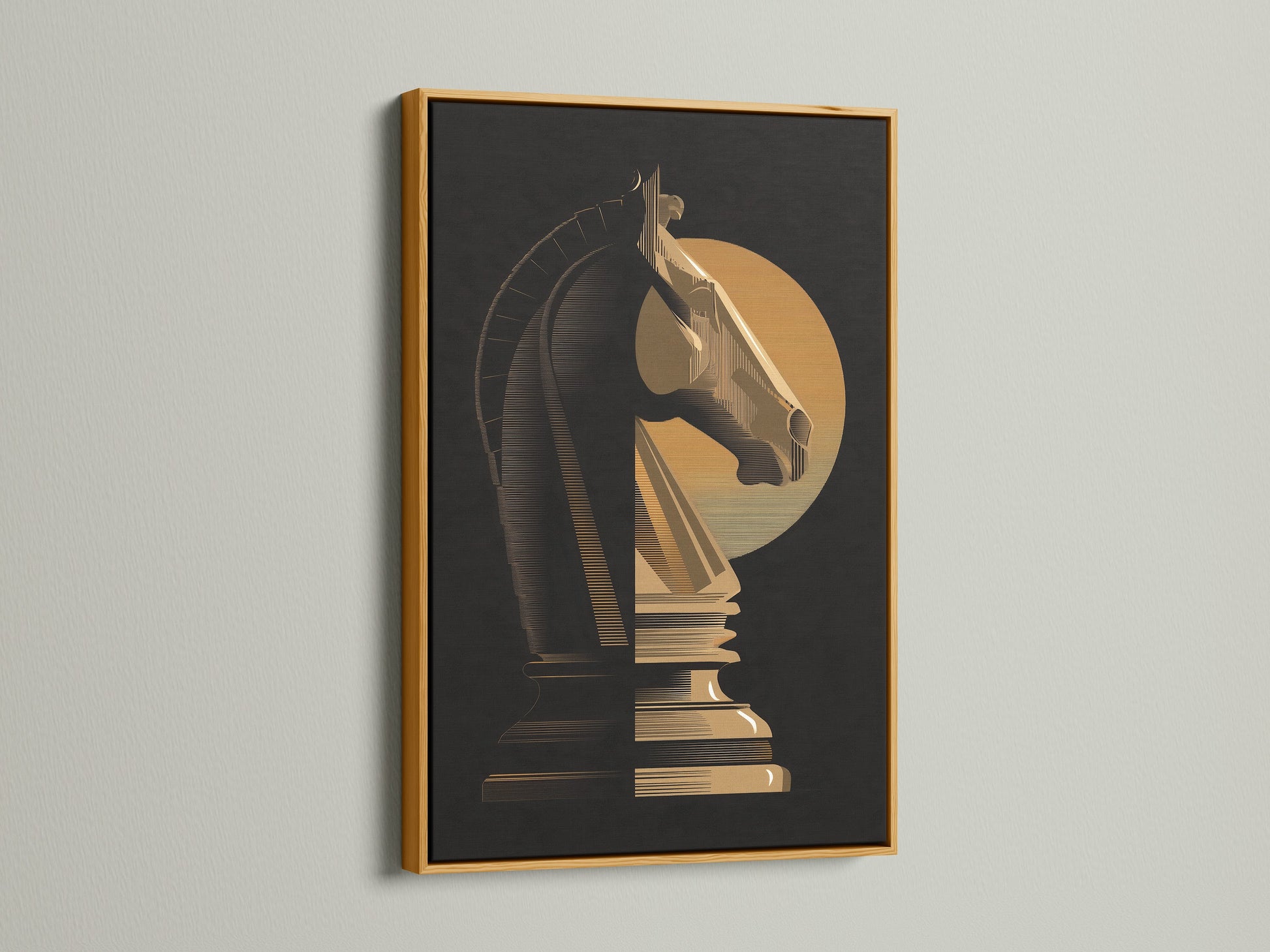 Artwork featuring a chess knight is displayed in a gold frame. The gold frame adds a touch of luxury and opulence. It enhances the artwork with a radiant finish. This frame brings warmth and elegance to your walls. A gold frame can elevate your decor.