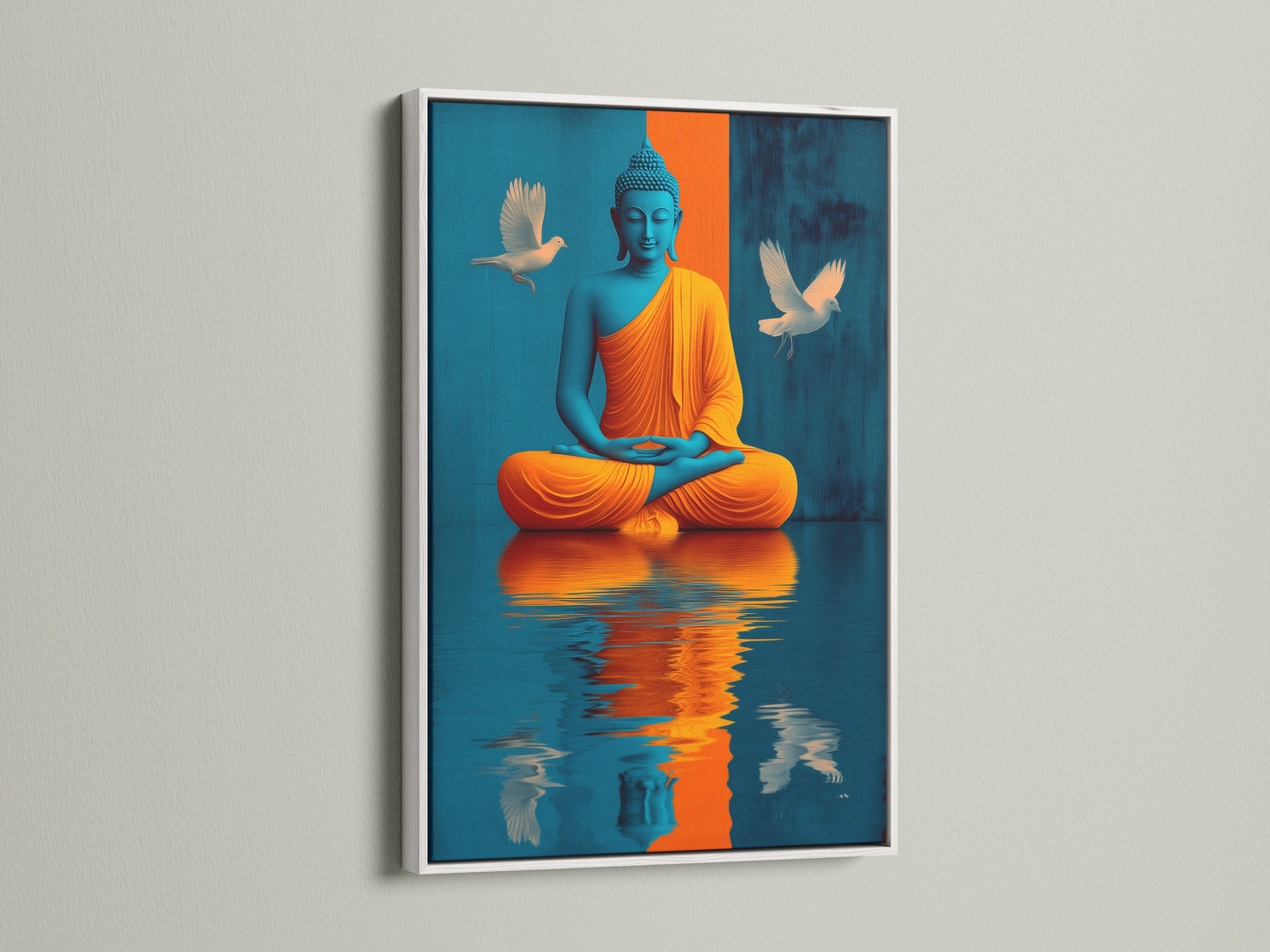 Enhance your home with our spiritual Buddha artwork. This zen decor is beautifully framed in white. The canvas print showcases teal and gold colors. Ideal for creating a peaceful environment in any room. Add a touch of serenity with this stunning art piece.