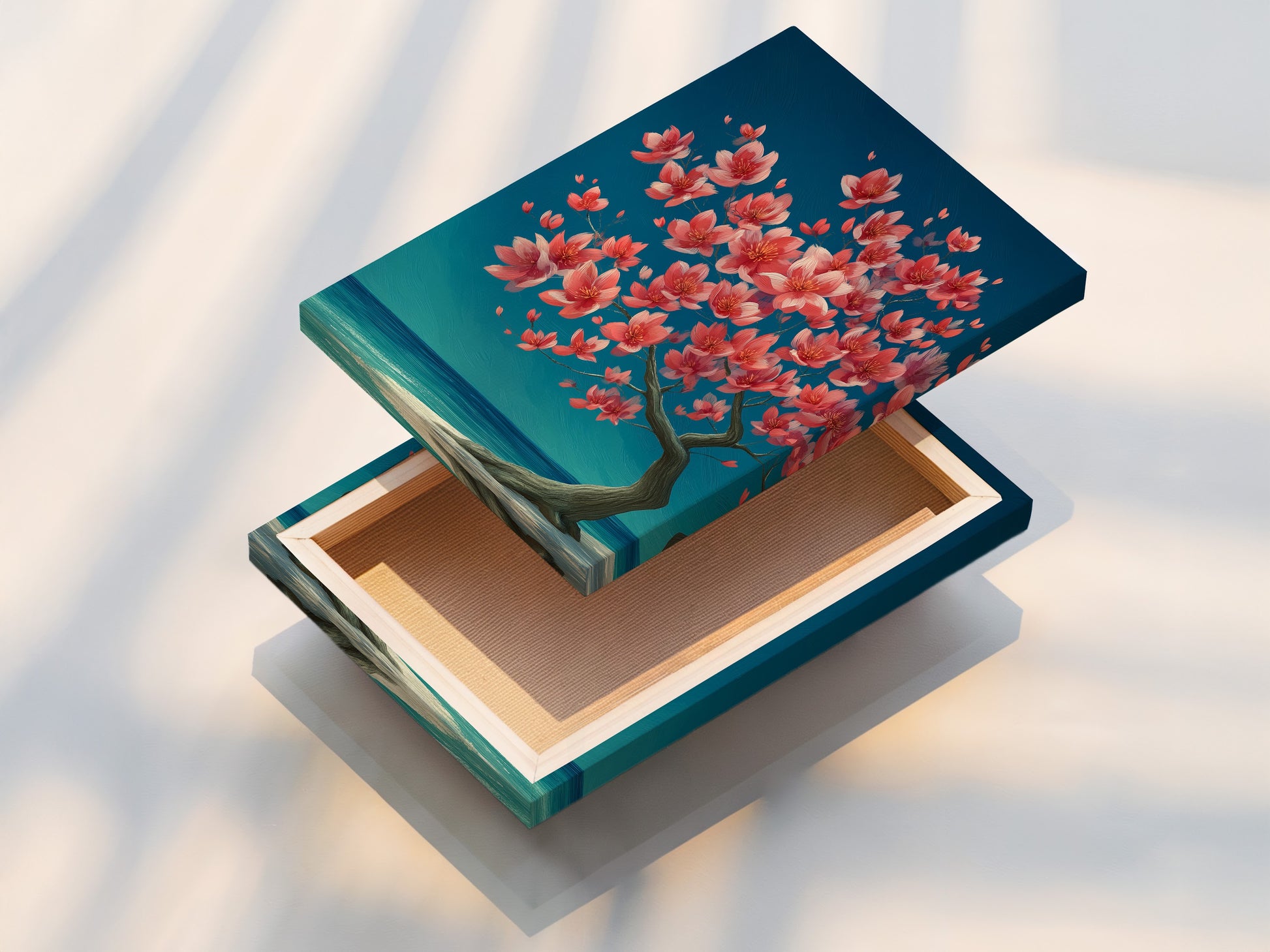 A stretched canvas print features a cherry blossom tree. The art combines coral pink floral elements with teal ocean hues. This stretched canvas is ready to hang. It will bring a serene coastal touch to any room.