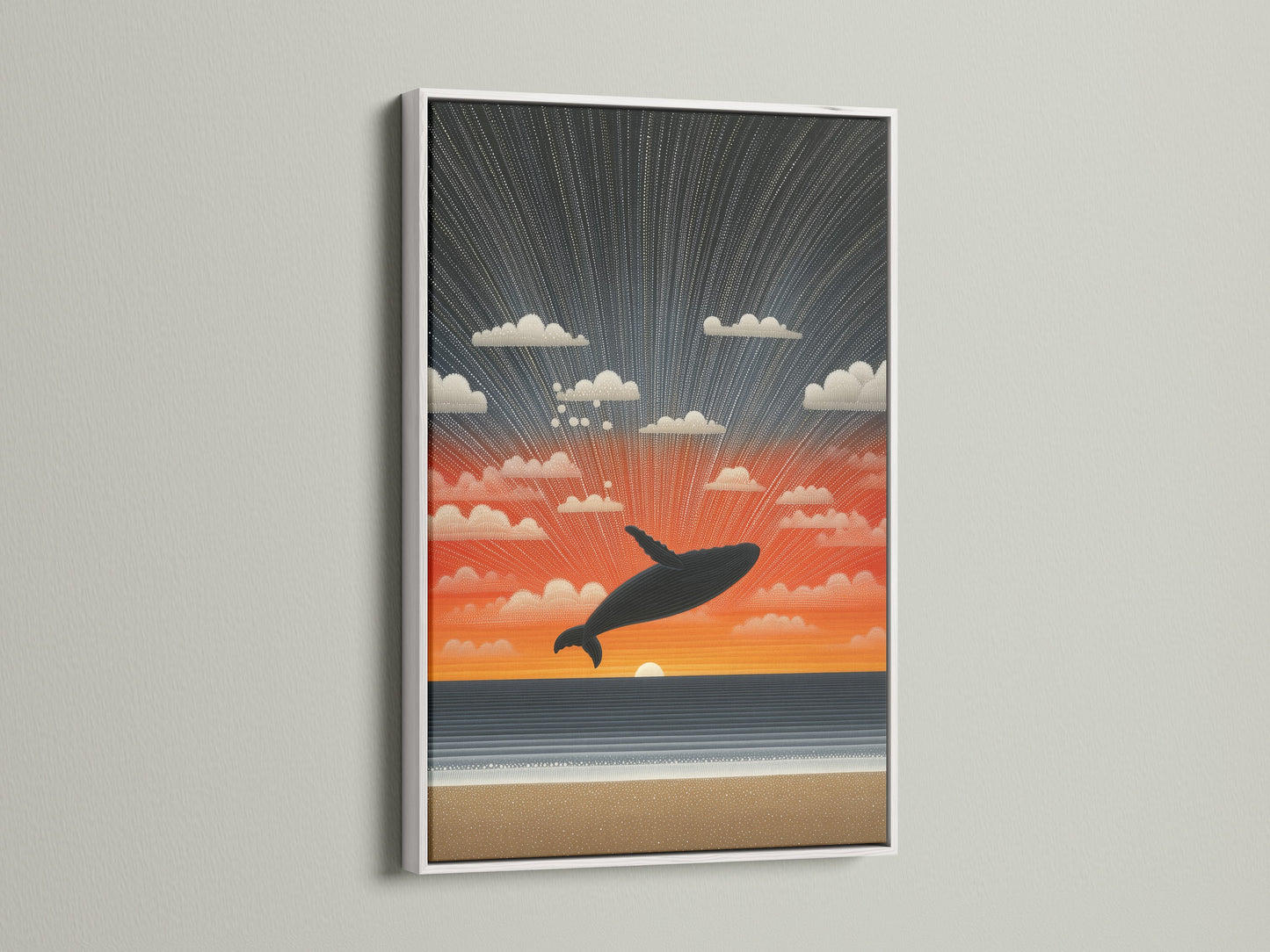 Whale Sunset nautical decor in a white frame. The white frame offers a clean and modern look. This frame allows the artwork to stand out. It will brighten up your space beautifully.