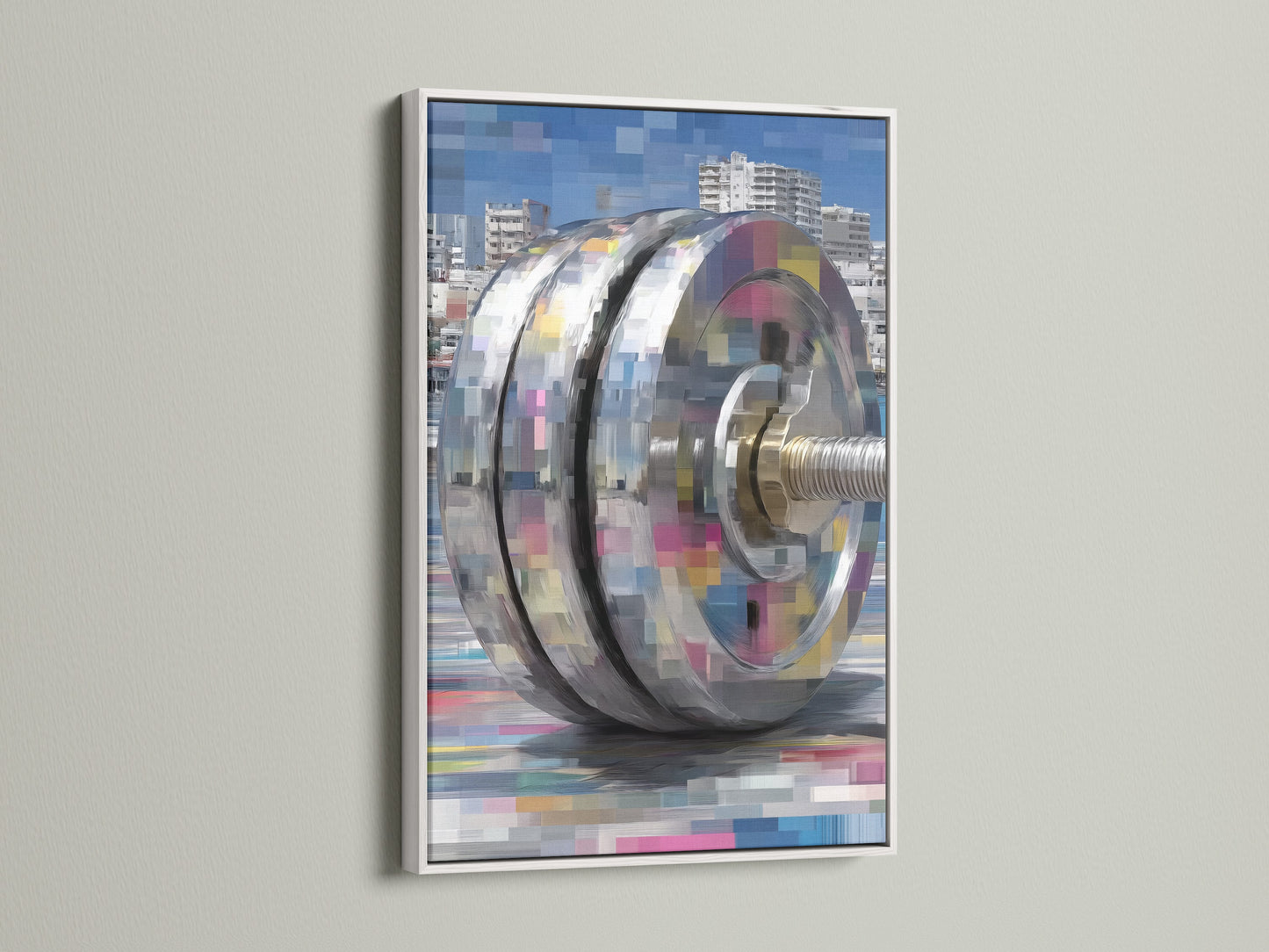 This is a white frame. It features modern industrial art. The mechanical print brings a contemporary touch. This digital pixel canvas print is great for office decor. The white frame complements any interior.