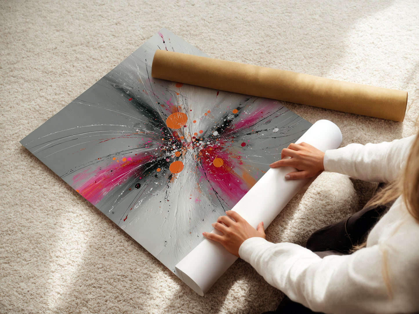 Woman carefully rolling a fine art poster paper print of Abstract Burst artwork. The pink orange and gray colors showcase a vibrant explosion print. High quality materials ensure a stunning contemporary art piece. Perfect for modern minimalist or eclectic decor styles. This poster paper is ideal for framing.