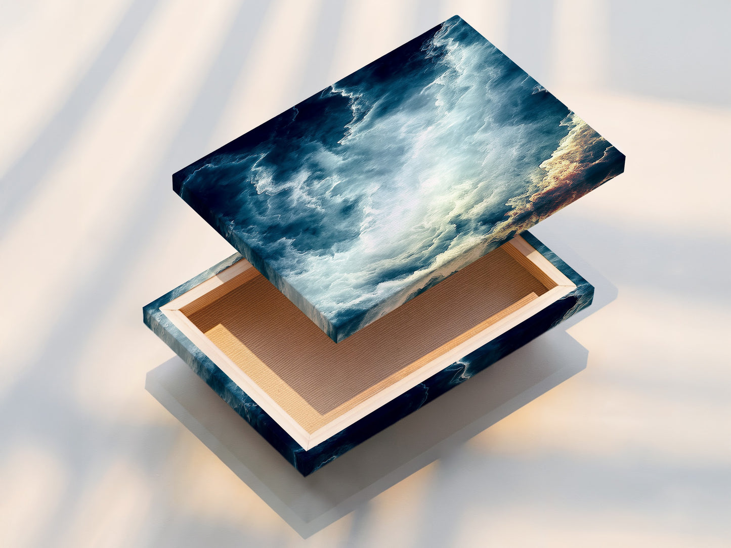 This is a stretched canvas print of an abstract cloudscape. The teal blue sky wall art is ready to hang. The modern artwork adds a touch of elegance. Perfect for minimalist Scandinavian or coastal styles. Transform your living room with this celestial decor.