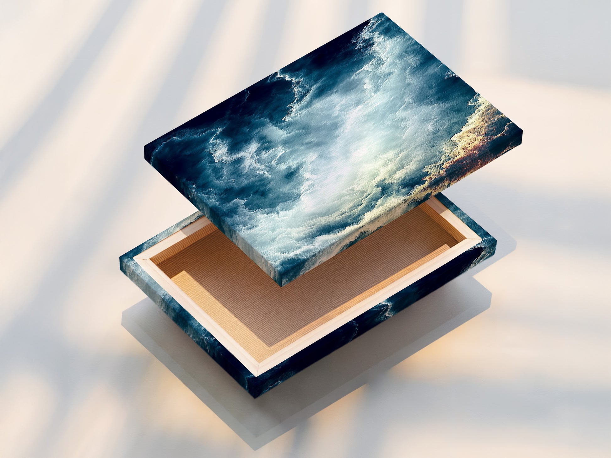 This is a stretched canvas print of an abstract cloudscape. The teal blue sky wall art is ready to hang. The modern artwork adds a touch of elegance. Perfect for minimalist Scandinavian or coastal styles. Transform your living room with this celestial decor.