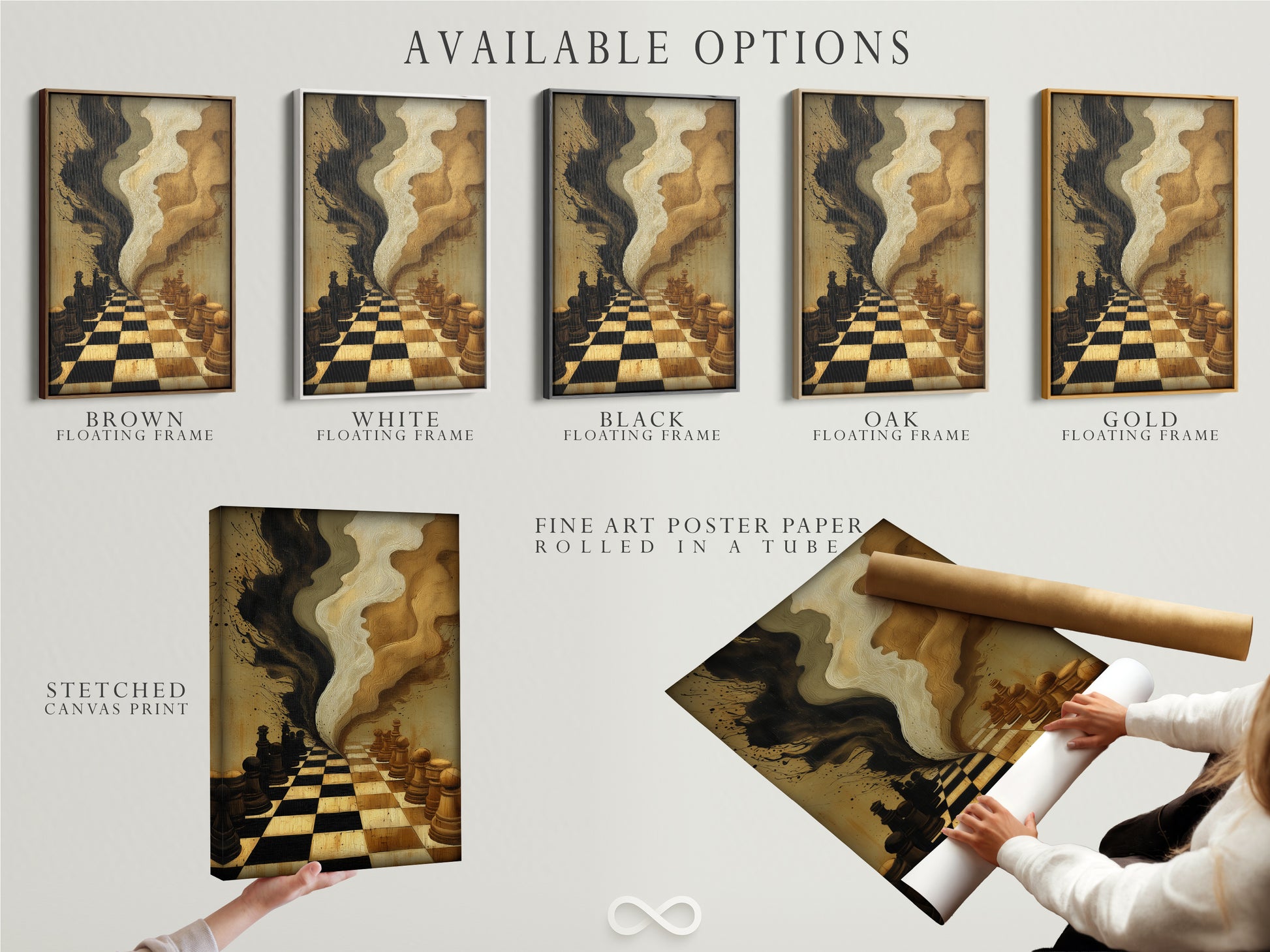 Explore available options for the chess game artwork. Choose from a stretched canvas print or fine art poster paper. Consider a floating frame for a modern look. Each option is crafted to enhance the artwork.