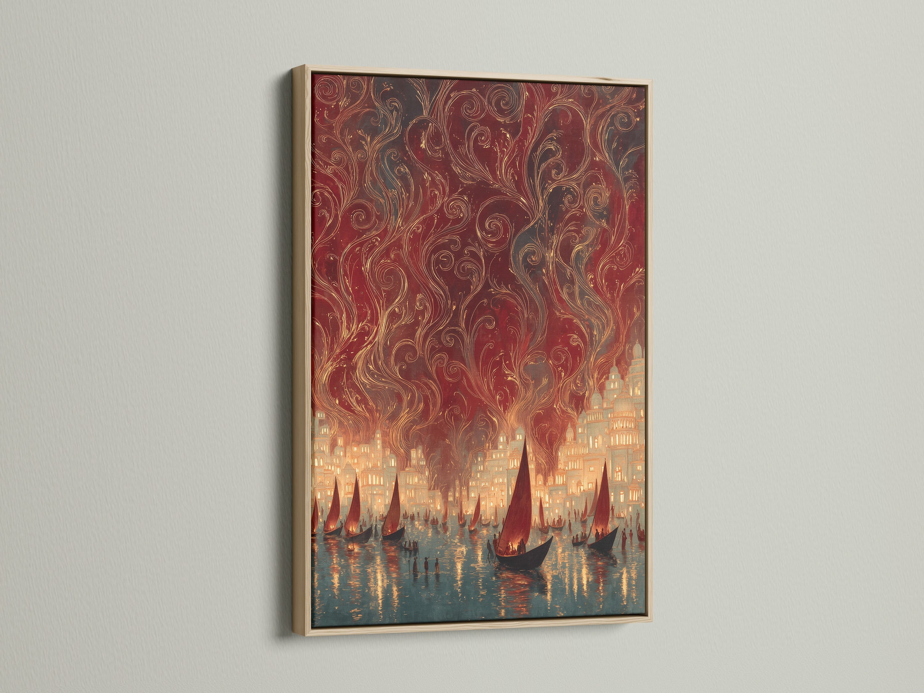 This is a close-up of an oak frame displaying a vintage harbor canvas print. The sailing ships are visible in the artwork. This nautical city lights poster adds a touch of maritime charm to any room. Ideal for office decor.