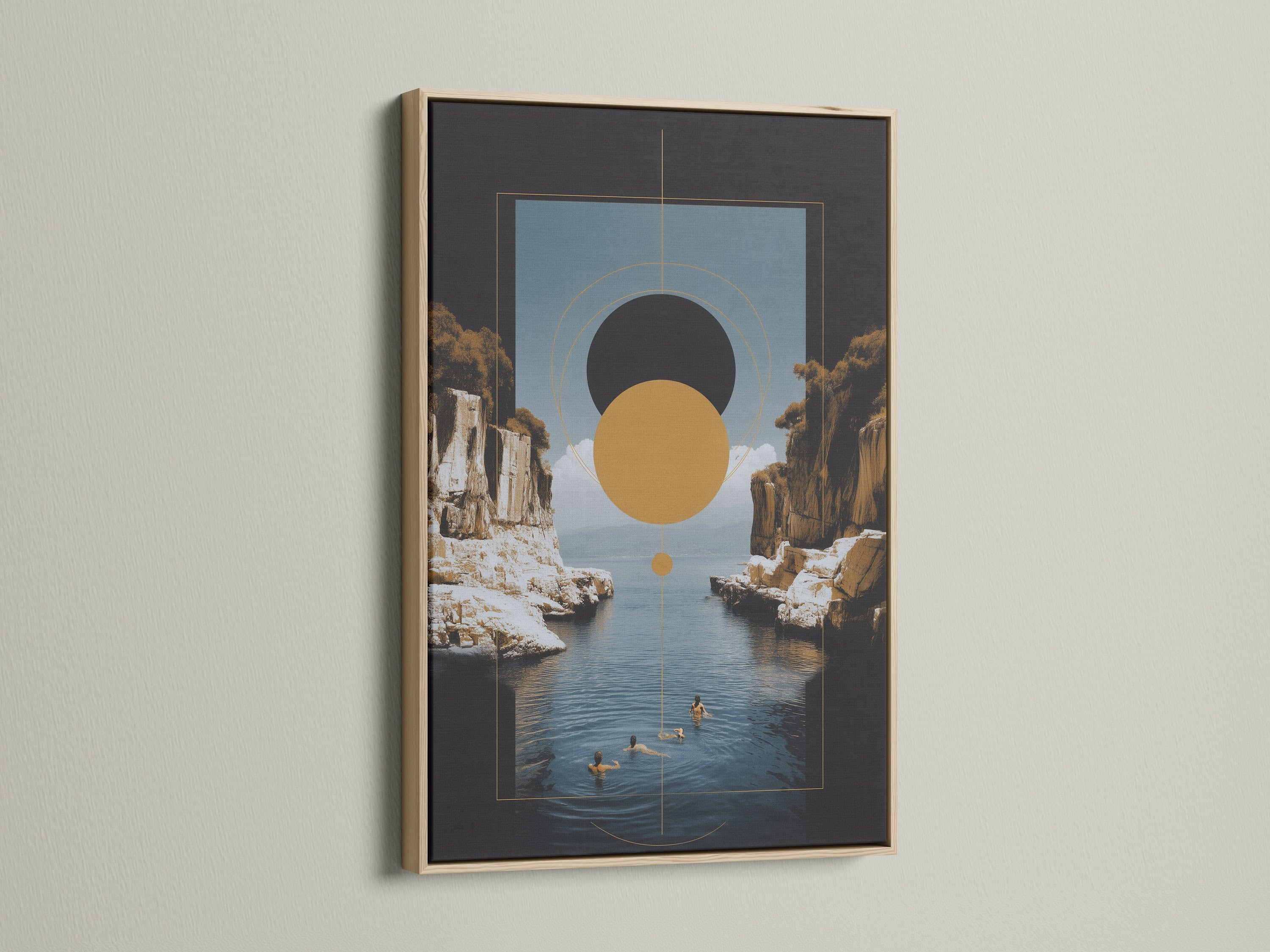 A framed Geometric Seascape artwork with an oak frame. The abstract coastal art piece features modern earth tones. Ideal wall decoration for minimalist and Scandinavian interiors. It brings a serene touch to any space.