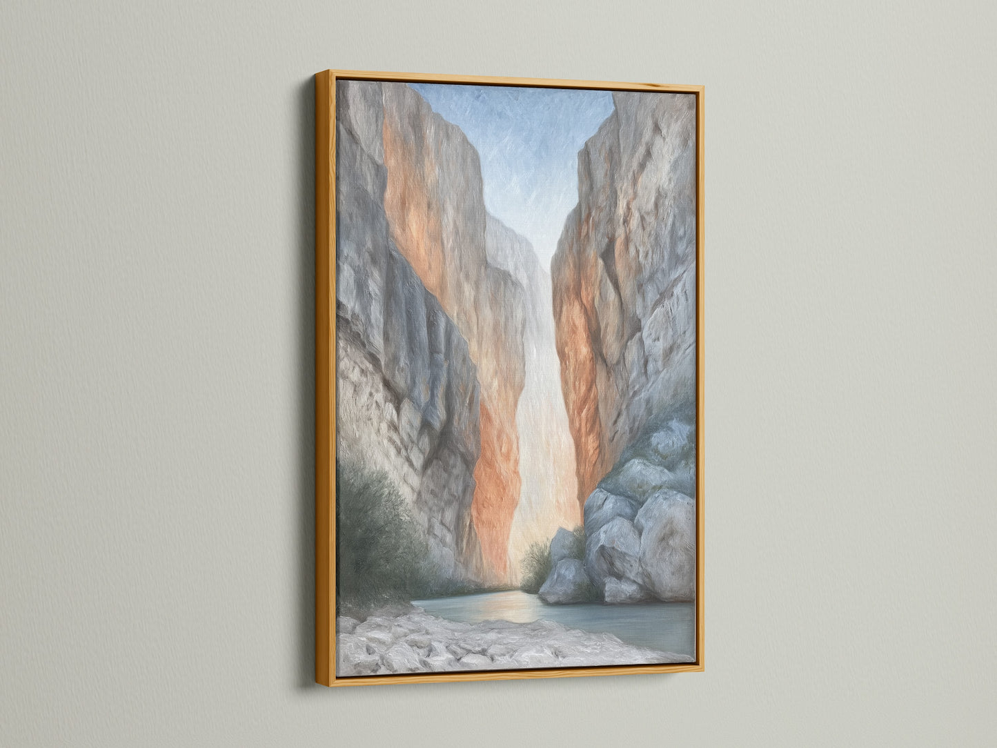 Add a touch of luxury with this arid landscape artwork in a gold frame. The neutral color palette enhances any space. This canyon canvas print is perfect for clinics and cafรฉs. Itโs elevated modern wall art.