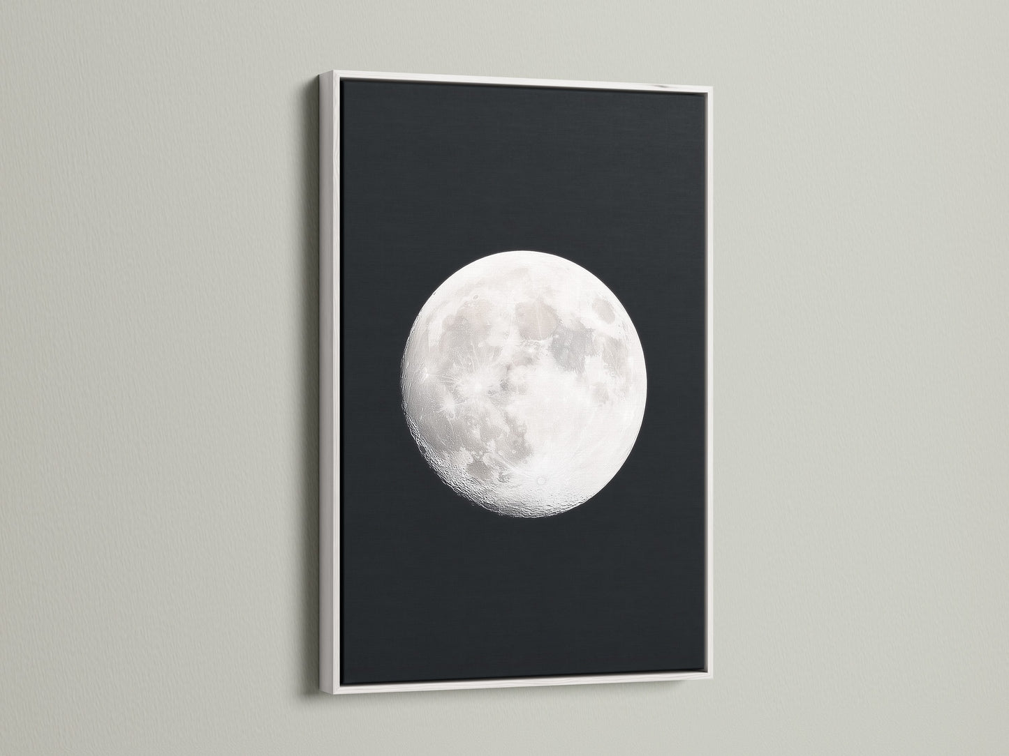 Full Moon lunar phase artwork with a white frame. This celestial art brings astronomy decor to any bedroom. It is a moon phase art showcase. It enhances space themed art in modern settings. It is a great astrology gift. This is a beautiful night sky print. Ideal as full moon artwork and a celestial print.