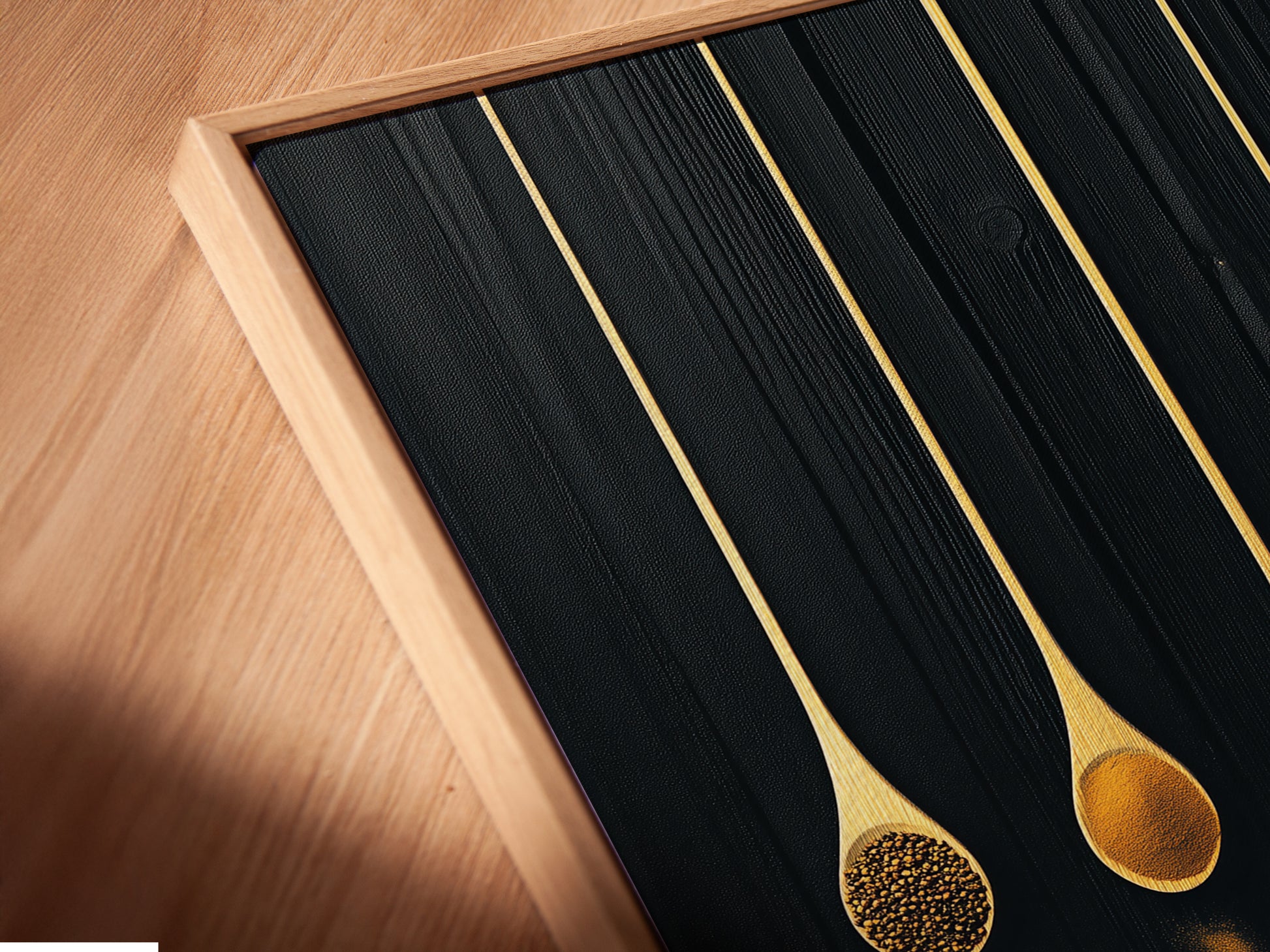 Close up of a Spice Spoons canvas print in a floating frame. This modern kitchen art is perfect for culinary decor. It elevates dining spaces and cafes. The floating frame adds a sleek touch. This food art print makes a great chef gift. It's a minimalist piece for any art lover.