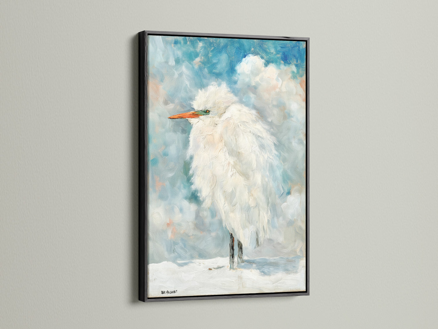 The Heron bird artwork is presented in a black frame. This frame adds a modern touch to wildlife art. This frame makes the art pop. Enhance your living room wall art now