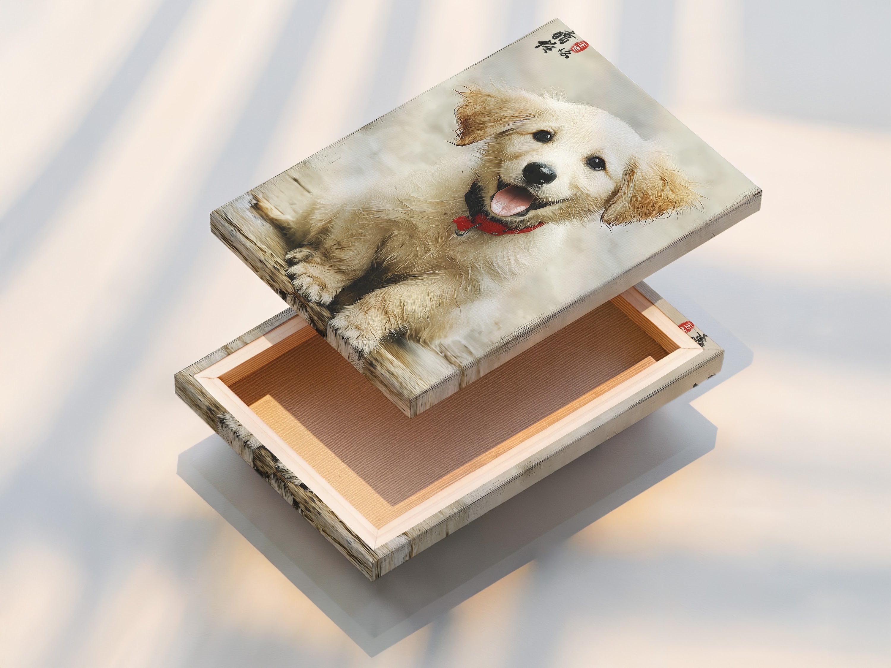 A stretched canvas print displays a heartwarming golden retriever puppy art piece. This Asian-style dog artwork is ready to hang and enjoy. The stretched canvas provides a gallery-quality look and feel. Perfect for adding a touch of contemporary style to any room or pet business.