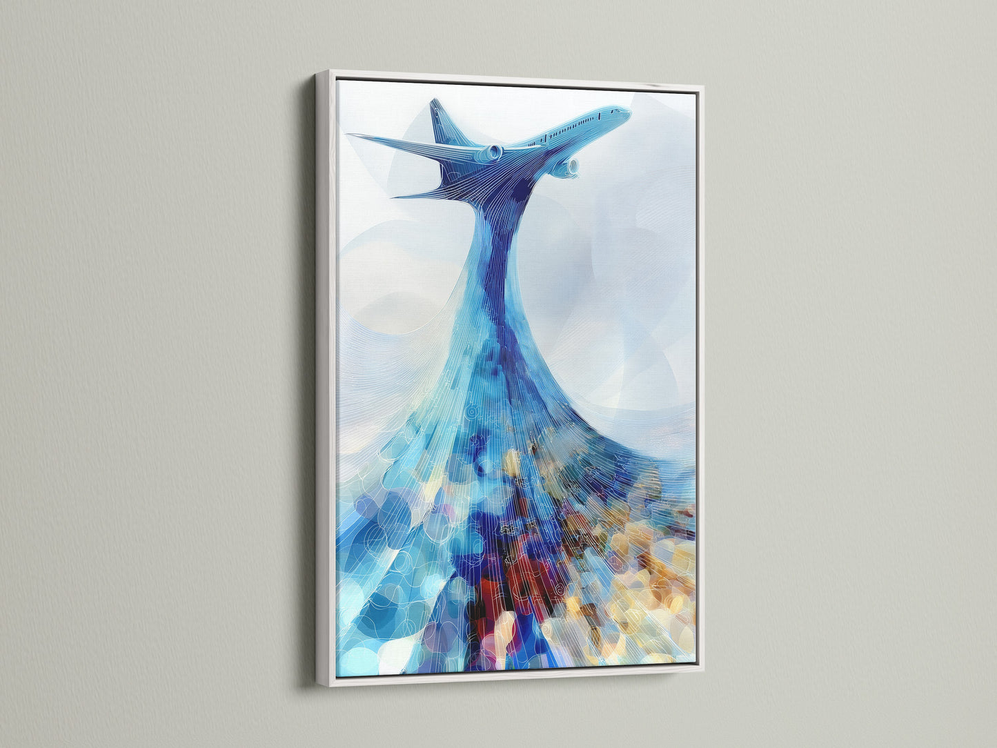 Aviation artwork with a white frame. This modern art print features an airplane theme. The abstract design and teal blue hues make it a stylish piece. Ideal for living room wall art or pilot gift.