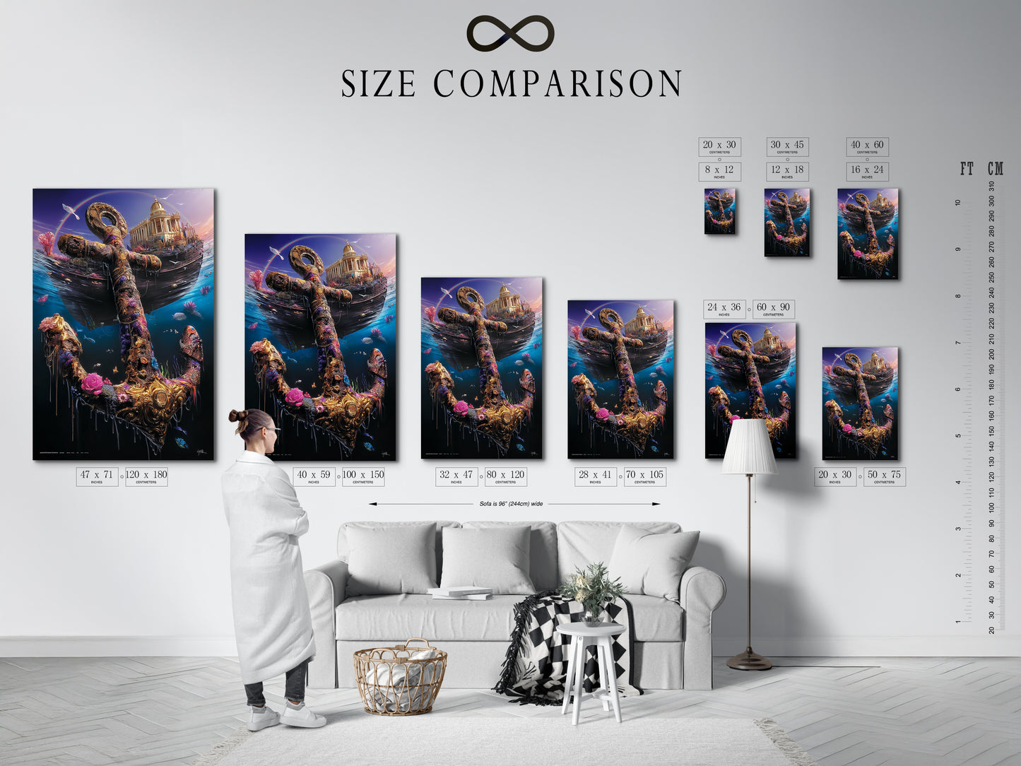 A size comparison chart is displayed in a stylish interior setting. This chart helps you visualize the perfect dimensions for your artwork. Choose the ideal size for your stretched canvas print fine art poster or framed art. Perfect for planning your coastal decor.